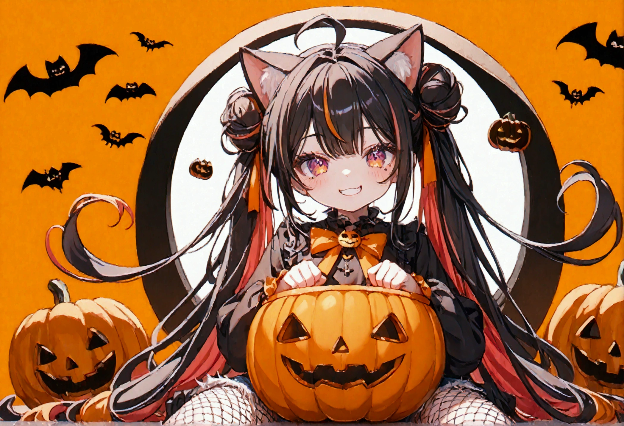 1girl, black hair, streaked hair, colored inner hair, twin tails, very long hair, heart hair bun, mole under eye, pupils sparkling, cat ears, grin, big breast, big ass, UHD, masterpiece, textured skin, best quality, (high res),  I'm wearing a long-sleeved oversized see-through Halloween costume and denim-shorts with fur, sexy fishnet tights , Halloween Hats,  Halloween props ,  sitting in a large pumpkin bowl , sitting on big-jack o lantern, head hollowed out, Butt stuck , sitting, cross-legged:1.5, lick loli-pop :1.4, whole body, Shadow of light ,  expressive eyes,  grave and jack-o-lantern on the left and right , black castle silhouette, Orange Background, Illustrated, looking straight into the camera:1.2