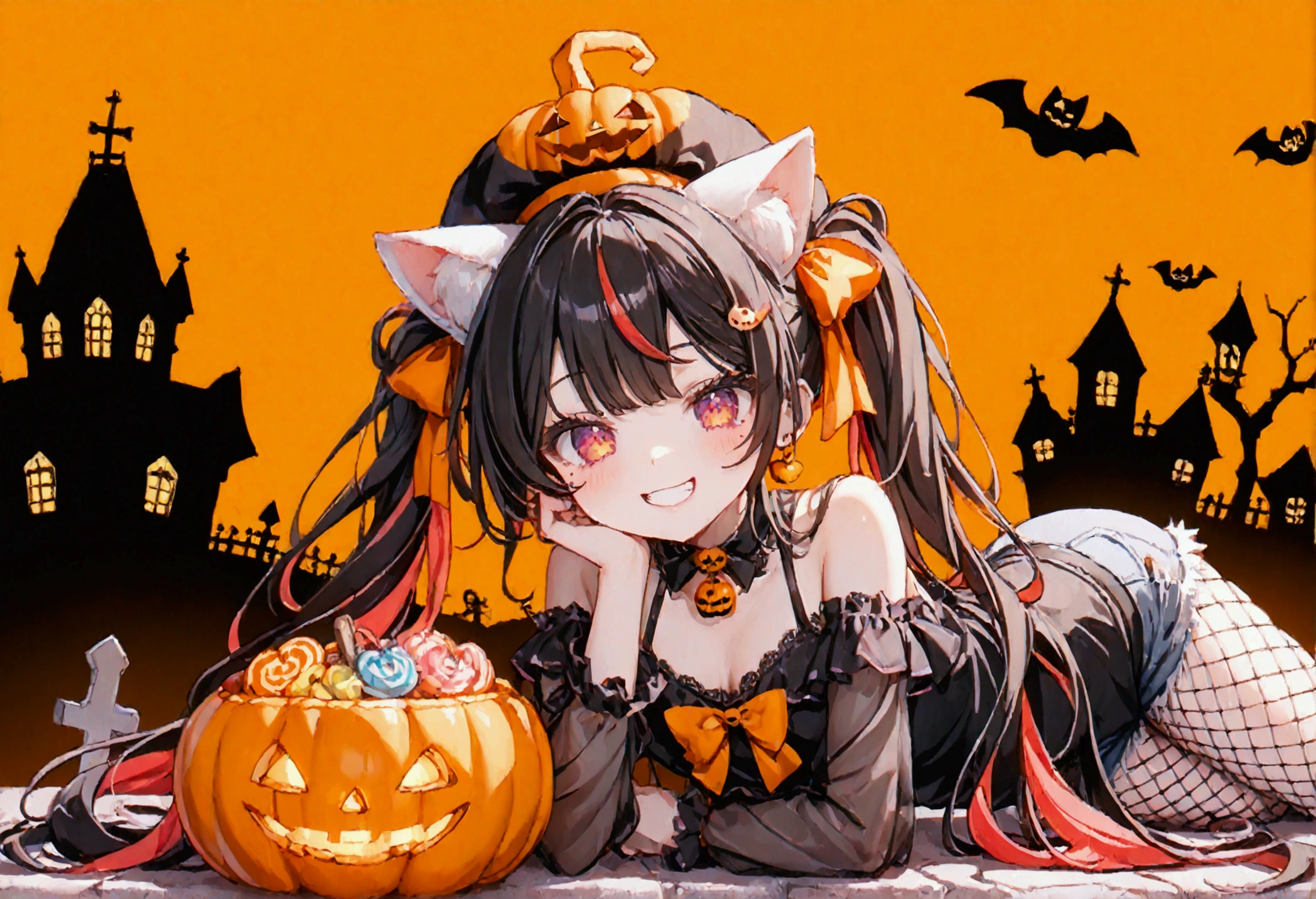 1girl, black hair, streaked hair, colored inner hair, twin tails, very long hair, heart hair bun, mole under eye, pupils sparkling, cat ears, grin, big breast, big ass, UHD, masterpiece, textured skin, best quality, (high res),  I'm wearing a long-sleeved oversized see-through Halloween costume and denim-shorts with fur, sexy fishnet tights , Halloween Hats,  Halloween props ,  sitting in a large pumpkin bowl , sitting on big-jack o lantern, head hollowed out, Butt stuck , sitting, cross-legged:1.5, lick loli-pop :1.4, whole body, Shadow of light ,  expressive eyes,  grave and jack-o-lantern on the left and right , black castle silhouette, Orange Background, Illustrated, looking straight into the camera:1.2