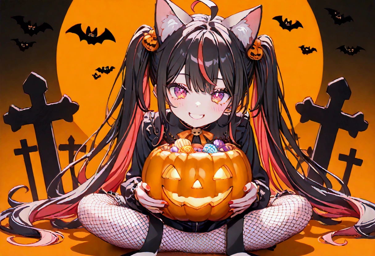 1girl, black hair, streaked hair, colored inner hair, twin tails, very long hair, heart hair bun, mole under eye, pupils sparkling, cat ears, grin, big breast, big ass, UHD, masterpiece, textured skin, best quality, (high res),  I'm wearing a long-sleeved oversized see-through Halloween costume and denim-shorts with fur, sexy fishnet tights , Halloween Hats,  Halloween props ,  sitting in a large pumpkin bowl , sitting on big-jack o lantern, head hollowed out, Butt stuck , sitting, cross-legged:1.5, lick loli-pop :1.4, whole body, Shadow of light ,  expressive eyes,  grave and jack-o-lantern on the left and right , black castle silhouette, Orange Background, Illustrated, looking straight into the camera:1.2