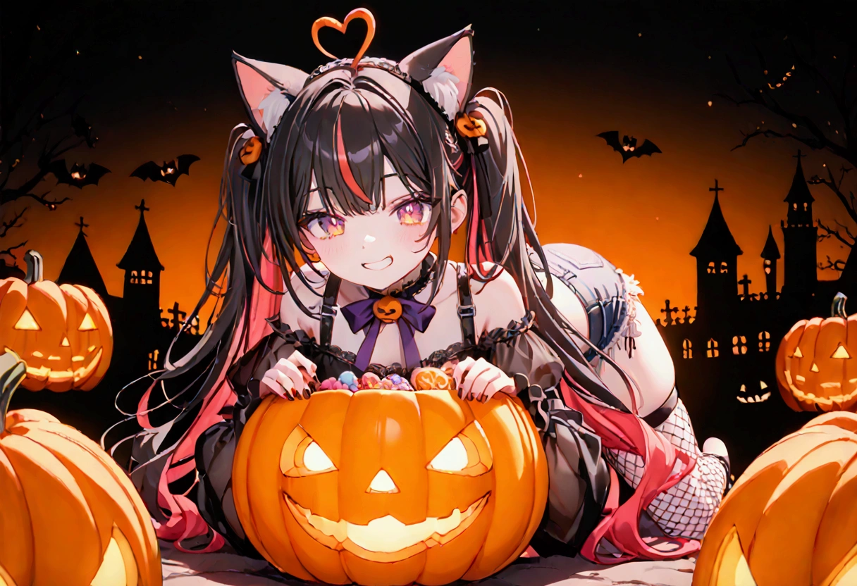 1girl, black hair, streaked hair, colored inner hair, twin tails, very long hair, heart hair bun, mole under eye, pupils sparkling, cat ears, grin, big breast, big ass, UHD, masterpiece, textured skin, best quality, (high res),  I'm wearing a long-sleeved oversized see-through Halloween costume and denim-shorts with fur, sexy fishnet tights , Halloween Hats,  Halloween props ,  sitting in a large pumpkin bowl , sitting on big-jack o lantern, head hollowed out, Butt stuck , sitting, cross-legged:1.5, lick loli-pop :1.4, whole body, Shadow of light ,  expressive eyes,  grave and jack-o-lantern on the left and right , black castle silhouette, Orange Background, Illustrated, looking straight into the camera:1.2