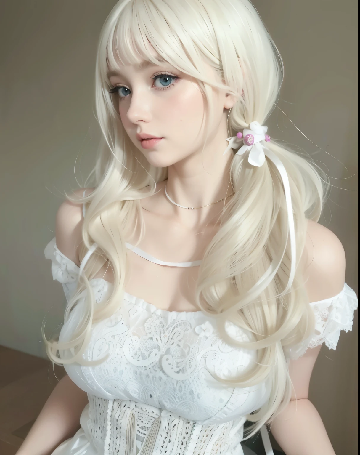 blonde girl with long hair and white dress posing for a photo, ****** anime in real life, Anime Garota Cosplay, blonde anime girl with long hair, pale milky white porcelain skin, anime barbie in white, young realistic anime girl, ultrarealistic sweet bunny girl, white hime cut hairstyle, long white hair and bangs, photorealistic anime, Barbie doll anime