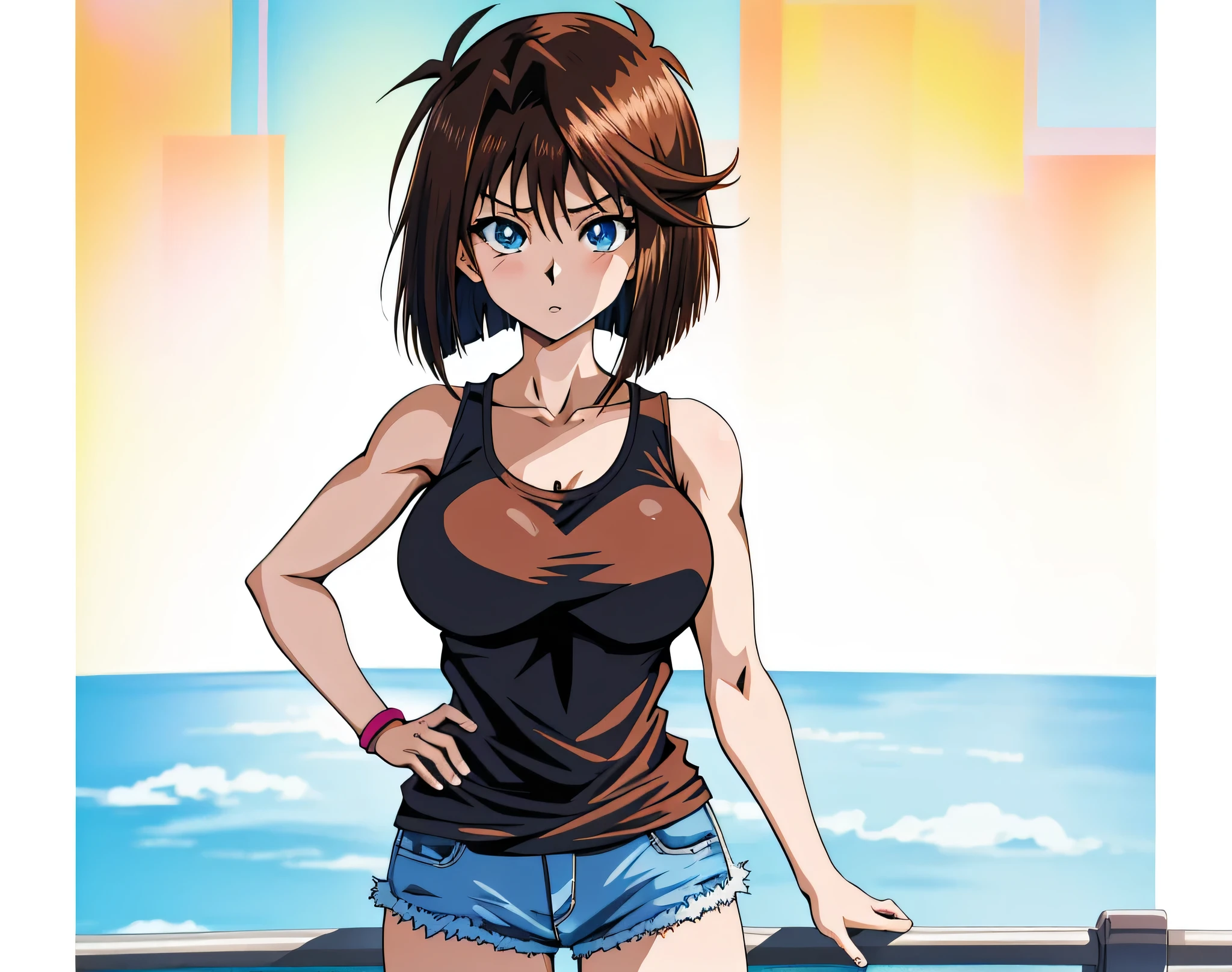  Brown Hair anime woman standing on the floor, blue eyesの女性,  bob cut ,  anime styleキャラクター, clothing: black tank top, A woman wearing denim shorts,  anime styleで, Big Breasts,  Anime Moe Art Style ,  anime style,  female high school students,  adult sex appeal,  anime style, Muscular Woman, Short Hair, Brown Hair, blue eyes, In anime style,  and ,  Skin Tight Tank Top , Bare Arms, Bare shoulders, alone, looking at viewer, Female focus,  cowboy shot,