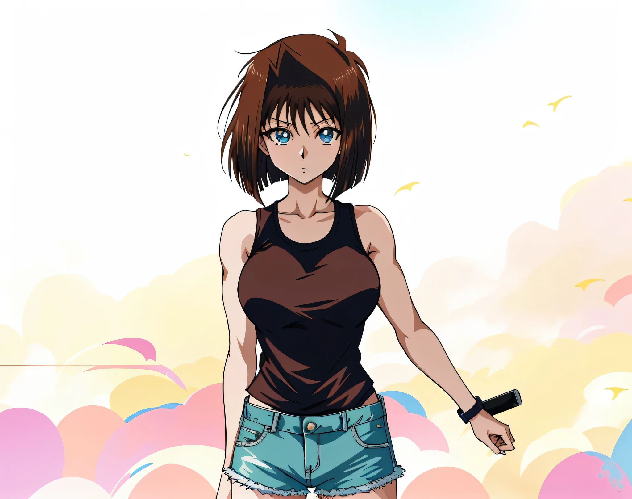 Brown Hair anime woman standing on floor with legs crossed, Blue Eyed Woman,  bob cut ,  anime styleキャラクター, clothing: black tank top, A woman wearing denim shorts,  anime styleで, Big Breasts,  Anime Moe Art Style ,  anime style,  female high school students,  adult sex appeal,  anime style, Muscular Woman, Short Hair, Brown Hair,  Teal Eyelids, In anime style, feminine and muscular,  Skin Tight Tank Top , Bare Arms, Bare shoulders, alone, looking at viewer, Female focus,  cowboy shot,