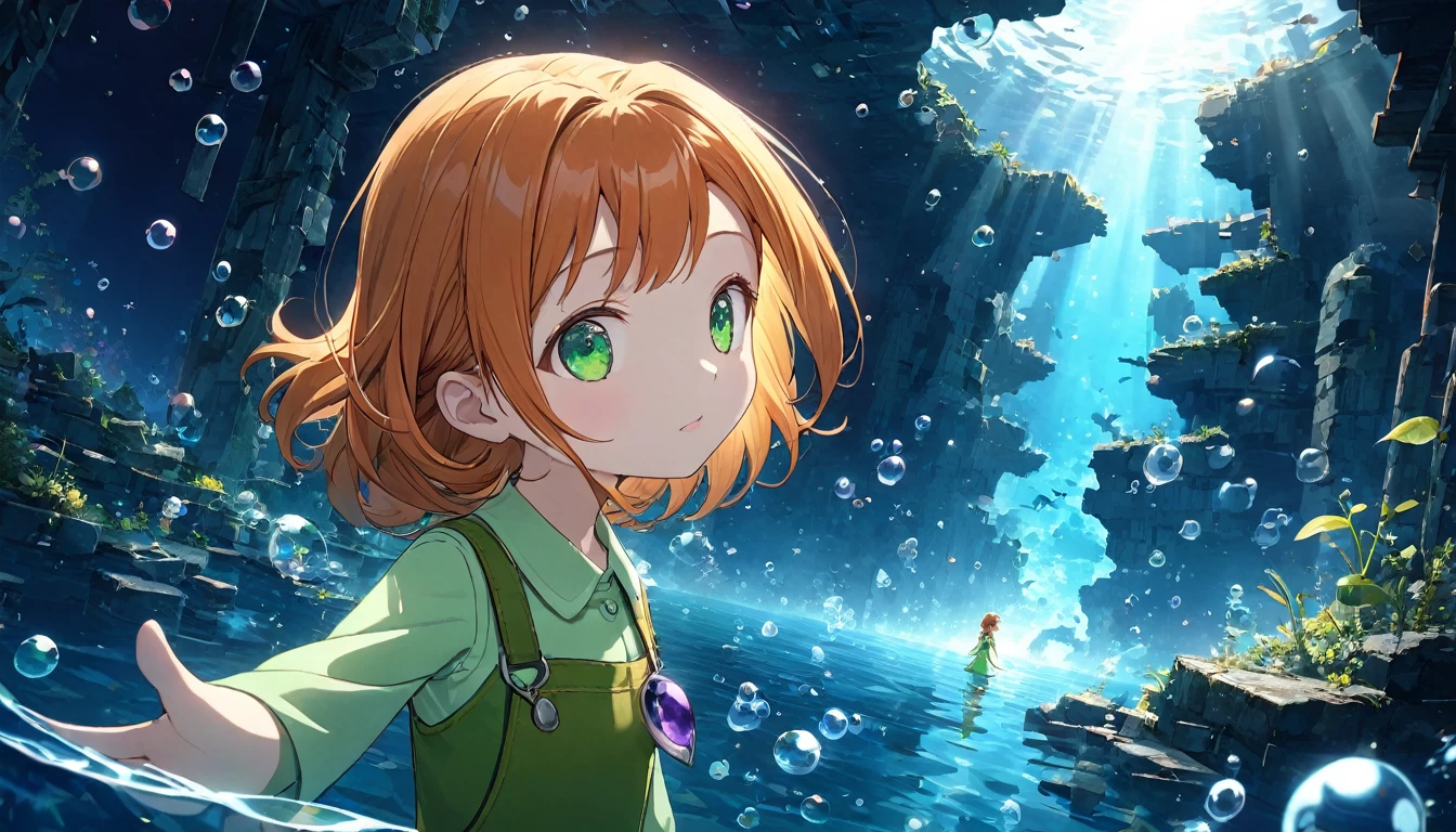 1girl, green eyes, purple pendant, orange hair, medium hair +++ yellow pantyhose, green dress,  light green shirt, green boots Hiding face with arm, looking to the side, extremely quality extremely detailed, illustration, cute anime face cinematic lighting,a((amazingly absurd)),超 high definition, attention to detail, high quality,  high definition, 最high quality, 4K, 8k,close-up,cute girl,((Ethereal and mysterious image)),Sunken Ruins、Girl in the water、Surrounded by bubbles、Deep blue world、Overall, a work in deep blue tones