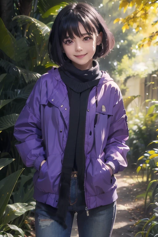 ((Best Quality)、(( wonderful))、 depth of field 、 movie-like lights、Detailed costume、 rich in detail and texture、 animated screenshot、Head to Knee、 1 girl 、、Posing in a standing position 、Purple Blouson 、 muffler 、 jeans、 very short hair with white bandage、Black Hair、smile、Bright Eyes、 purple eyes、Outdoor、High-resolution details