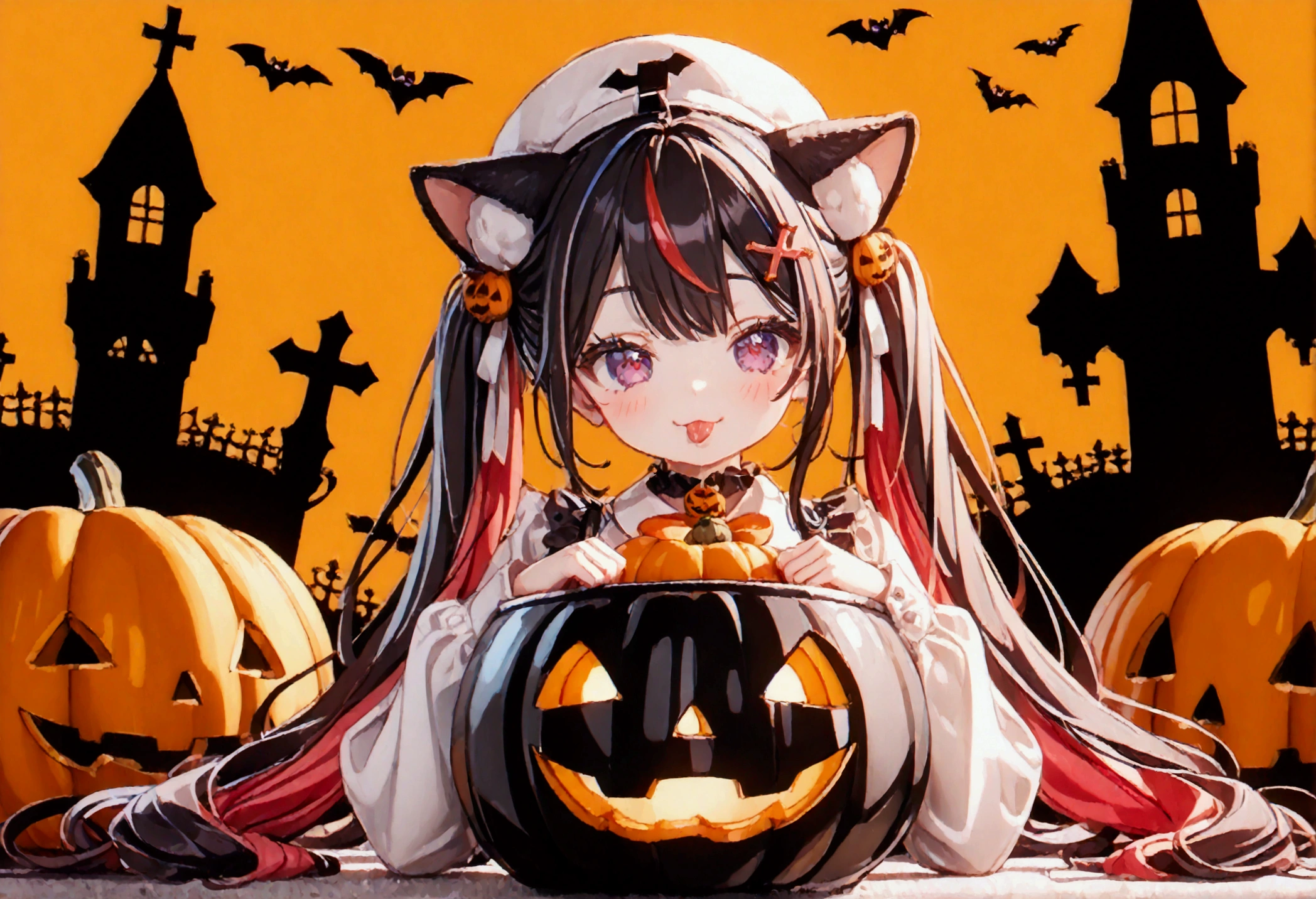 1girl, black hair, streaked hair, colored inner hair, twin tails, very long hair, heart hair bun, mole under eye, pupils sparkling, cat ears, grin, big breast, big ass, UHD, masterpiece, textured skin, best quality, (high res),  I'm wearing a long-sleeved oversized see-through Halloween costume and denim-shorts with fur, sexy fishnet tights , Halloween Hats,  Halloween props ,  sitting in a large pumpkin bowl , sitting on big-jack o lantern, head hollowed out, Butt stuck , (cross-legged:1.5, lick loli-pop :1.4), whole body, Shadow of light ,  expressive eyes,  grave and a jack-o-lantern on the left and right , black castle silhouette, Orange Background, Illustrated, looking straight into the camera:1.2