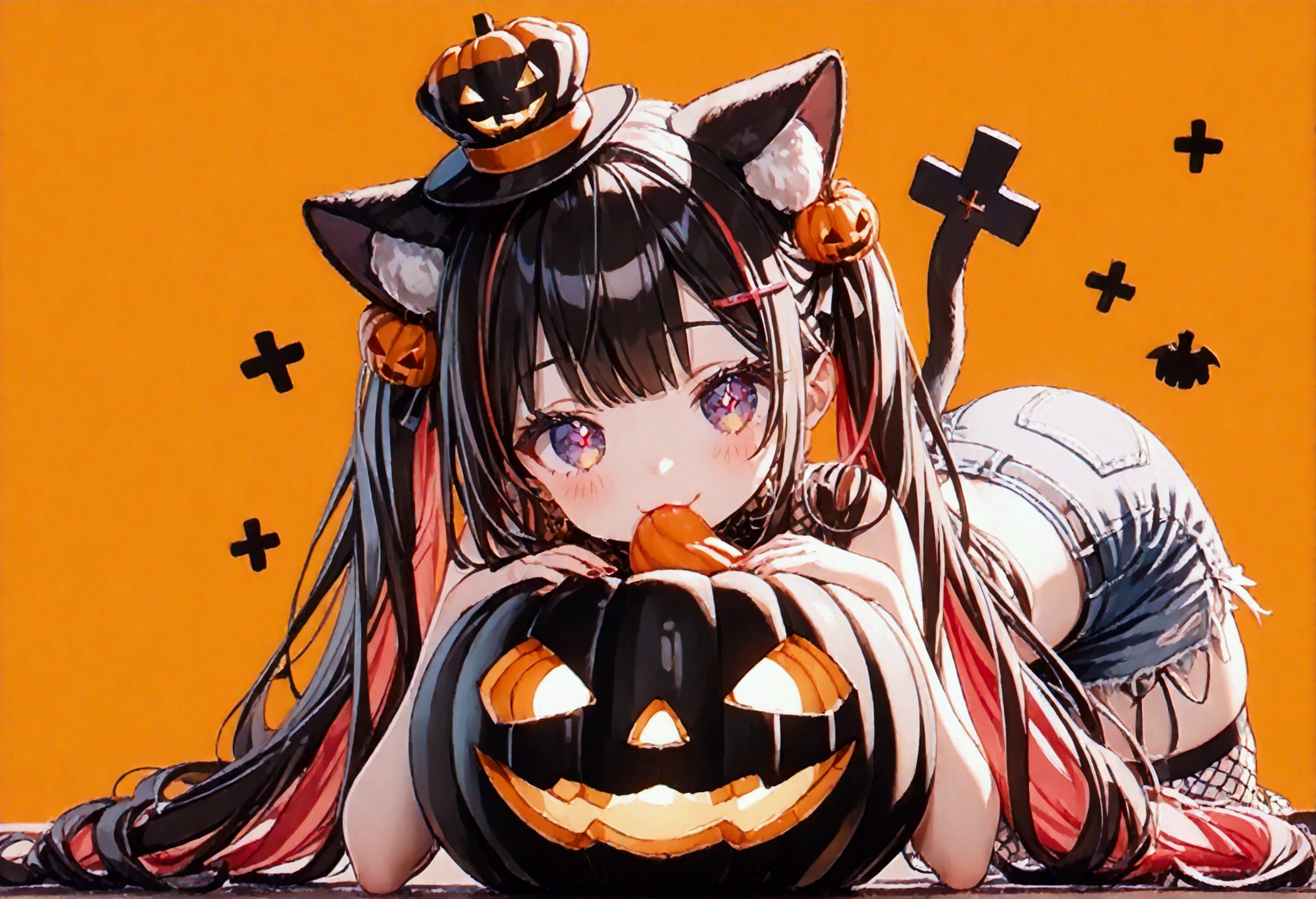 1girl, black hair, streaked hair, colored inner hair, twin tails, very long hair, heart hair bun, mole under eye, pupils sparkling, cat ears, grin, big breast, big ass, UHD, masterpiece, textured skin, best quality, (high res),  I'm wearing a long-sleeved oversized see-through Halloween costume and denim-shorts with fur, sexy fishnet tights , Halloween Hats,  Halloween props ,  sitting in a large pumpkin bowl , sitting on big-jack o lantern, head hollowed out, Butt stuck , (cross-legged:1.5, lick loli-pop :1.4), whole body, Shadow of light ,  expressive eyes,  grave and a jack-o-lantern on the left and right , black castle silhouette, Orange Background, Illustrated, looking straight into the camera:1.2