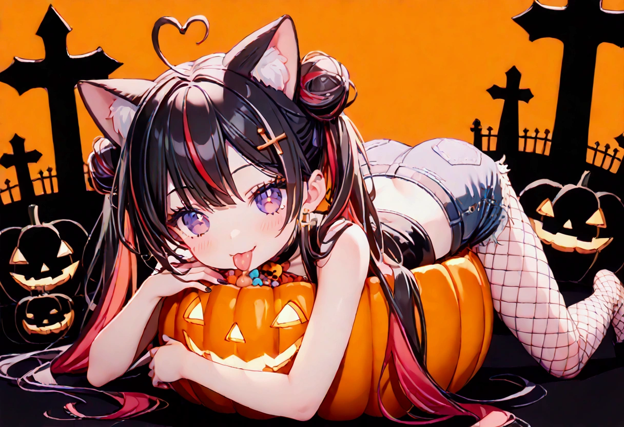 1girl, black hair, streaked hair, colored inner hair, twin tails, very long hair, heart hair bun, mole under eye, pupils sparkling, cat ears, grin, big breast, big ass, UHD, masterpiece, textured skin, best quality, (high res),  I'm wearing a long-sleeved oversized see-through Halloween costume and denim-shorts with fur, sexy fishnet tights , Halloween Hats,  Halloween props ,  sitting in a large pumpkin bowl , sitting on big-jack o lantern, head hollowed out, Butt stuck , (cross-legged:1.5, lick loli-pop :1.4), whole body, Shadow of light ,  expressive eyes,  grave and a jack-o-lantern on the left and right , black castle silhouette, Orange Background, Illustrated, looking straight into the camera:1.2