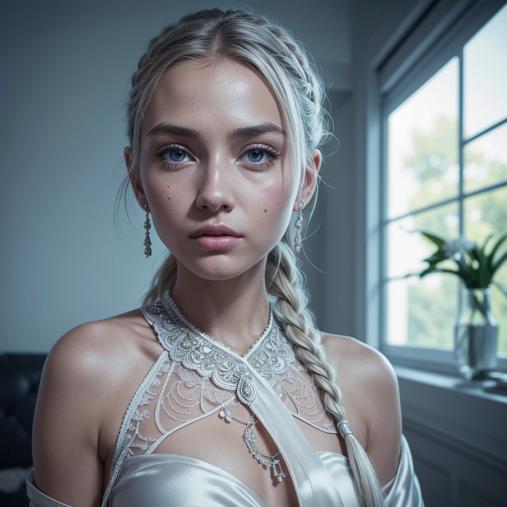 (best quality, masterpiece:1.2), ultra high res, realistic, front lighting, intricate detail, Exquisite details and textures, 1girl, solo ,(young), face highlight, upper body, detailed face, tear mole, white skin, silver hair, ponytail, braid hair, looking at viewer, big eyes, silk robe, (hollow pattern, white, silk), earrings, small breasts, slim body, luxury room, professional lighting, photon mapping, radiosity, physically-based rendering,