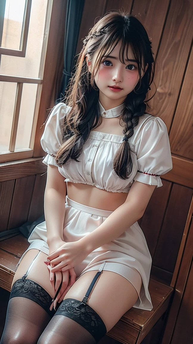 masterpiece, best quality, incredibly_absurdres, day, sunset, cityscape, realistic, cityscape, huge_filesize, girl, (solo), (bishoujo), medium hair, hair over shoulder, ((black hair)), ahoge, straight hair, hair strand, braid, single braid, high ponytail, ponytail, bangs, blunt bangs, hair bow, (hair ribbon), bow hairband, (beautiful detailed eyes), (looking at viewer), smirk, ((brown eyes)), medium breasts, (bare_shoulders), ((skirt)), bare legs, no legwear, hand_to_mouth, head tilt, hand on own chest, young teacher