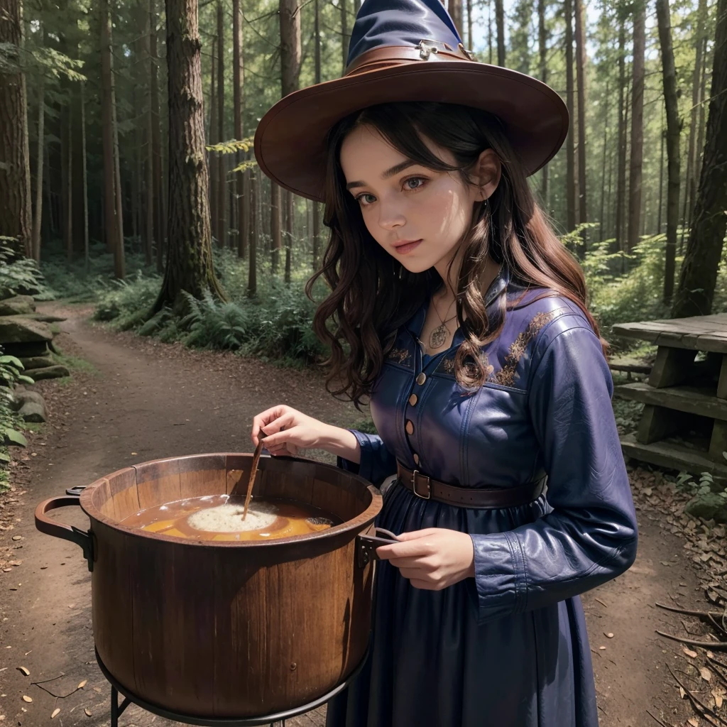 , (), (wearing blue dress),( curly brown hair ),(  with a witch's chapel in brown leather with colorful patches)and mother (40 years) (wearing purple dress), straight black hair) , They are two beautiful witches , (  with a witch's chapel in brown leather with colorful patches), Cooking in a large iron witch's cauldron,  in a forest during the day