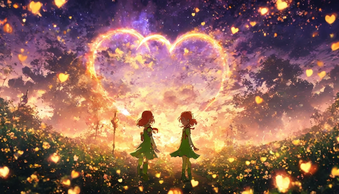 1girl, green eyes, purple pendant, orange hair, medium hair +++ yellow pantyhose, green dress,  light green shirt, green boots Hiding face with arm, looking to the side, extremely quality extremely detailed, illustration, cute anime face cinematic lighting,masterpiece,  concept art,  panorama, Center , shape,  Wide Shots , garden,  Knight , (meteor), Space galaxy background, ( amazing composition , Epic Scale),  dynamic lighting ,  bright color, cherry blossoms, 1 girl,Glowing Light particles、heart、heart、love affair、rainbow