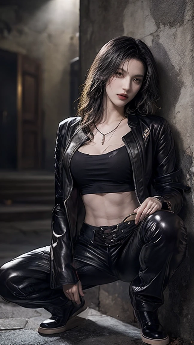 (masterpiece), best quality, HD, 4K, perfect face, black hair, cum, socks, drunken eyes, hetero, torned leather Jacket, hairband, black long hime hair, short cut, arrogant face, collarbone, muscular, knee, ABS collarbone, shoes, sweaty,  unworn pants, tight, sticky body, hot, sweats, angkor wat background, yellow glowing eyes, tags necklace, piercings, tally, claws finger, bracelets, jewellery, navel piercings, legs tattoos, jewels, anklet, buds, lips, drugged, addict junkies, chains, abused, smiles, happy, scars on skin, training, pills syringe on floor, sick, lips piercings, goth, eyelashes, legs, mindbreak, smile, workout, breasts, nipples, workout, pubic hairs, mother, mom