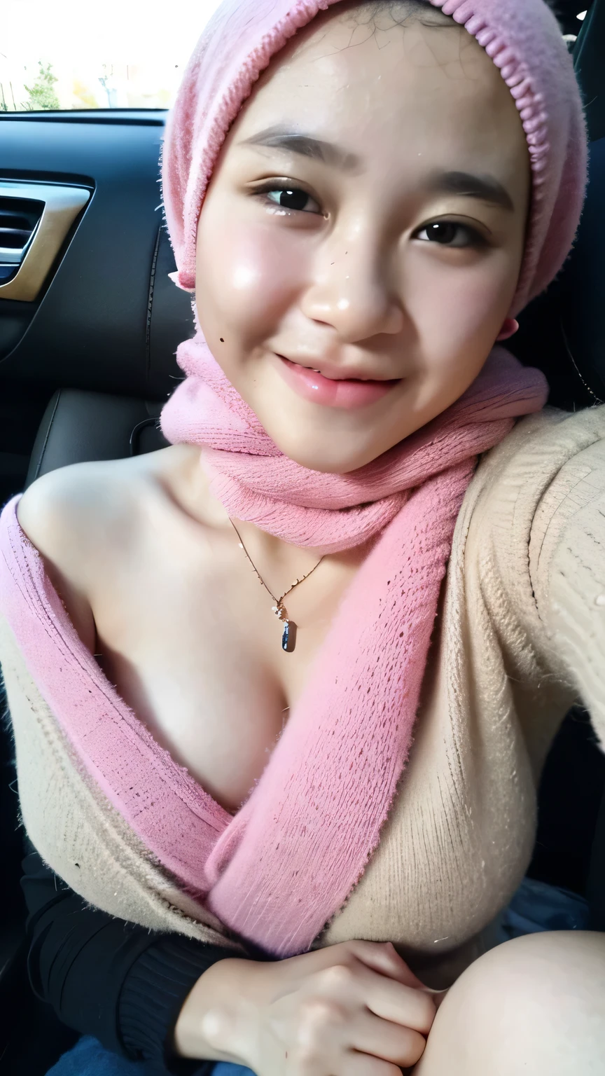 1 lady, 20 years old, best body,  wearing pink hijab, hijab covers whole hair, wearing brown sweater, off shoulder, warm lighting , sitting in car, seat belt, night time, casual wear, close shot, shot from high angle, wearing big necklace, shiny skin, big breast (huge breast 1.6), selfie style