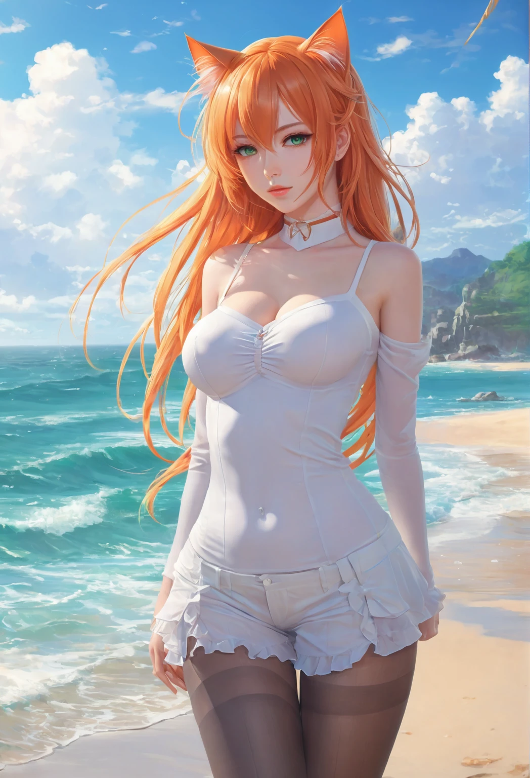 (nsfw), Big Breasts, (masterpiece, Highest quality), ((One person, alone, Long Hair)), Ishmael_edge, Innocent look, Bare arms, Exposing shoulders, Bare neck, watercolor, Sundress, Liquid clothing, water, Wave, water dress, green_theme, night, haze, dark, Sharp focus, Ocean, See-through dress, Orange Hair