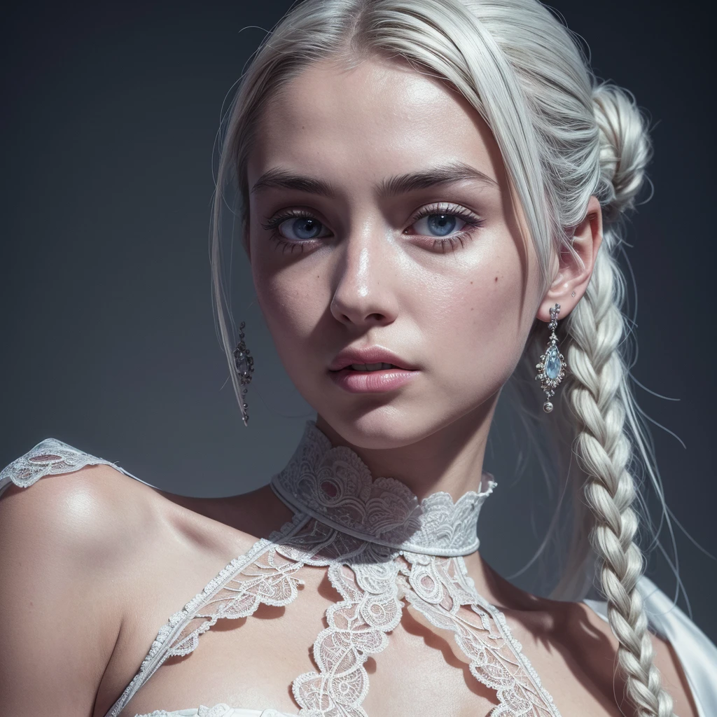 (best quality, masterpiece:1.2), ultra high res, realistic, front lighting, intricate detail, Exquisite details and textures, 1girl, solo ,(young), face highlight, upper body, detailed face, tear mole, white skin, silver hair, ponytail, braid hair, looking at viewer, big eyes, silk robe, (hollow pattern, white, silk), earrings, small breasts, slim body, luxury room, professional lighting, photon mapping, radiosity, physically-based rendering,