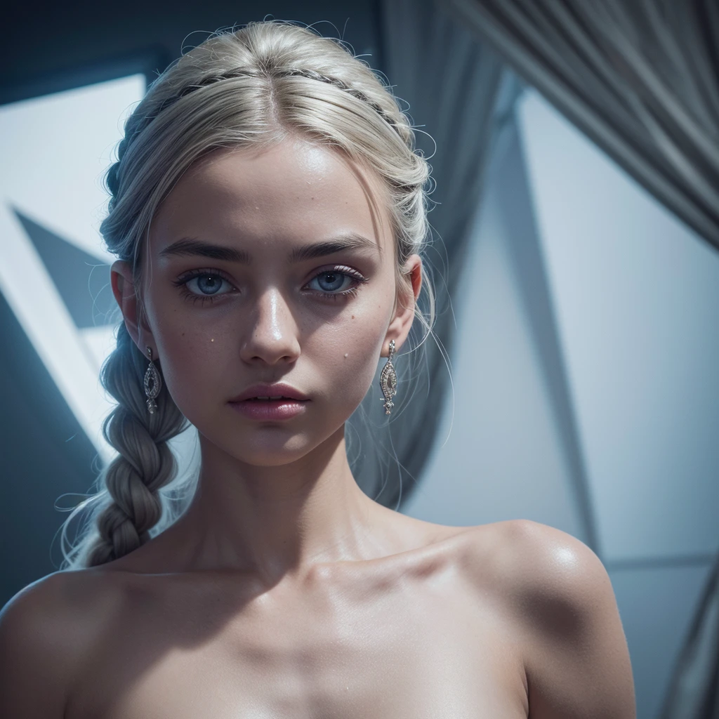 (best quality, masterpiece:1.2), ultra high res, realistic, front lighting, intricate detail, Exquisite details and textures, 1girl, solo ,(young), face highlight, upper body, detailed face, tear mole, white skin, silver hair, ponytail, braid hair, looking at viewer, big eyes, silk robe, (hollow pattern, white, silk), earrings, small breasts, slim body, luxury room, professional lighting, photon mapping, radiosity, physically-based rendering,