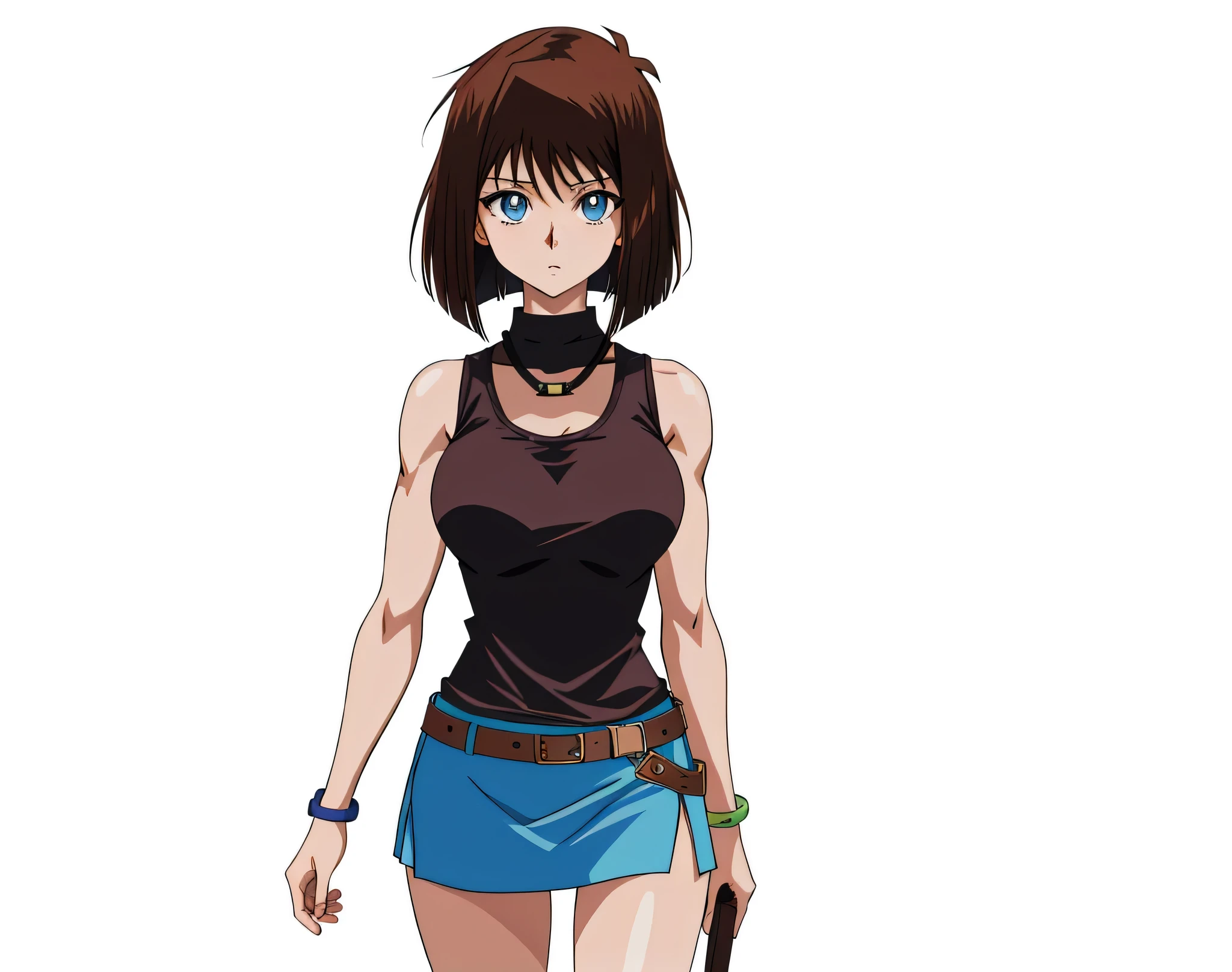 Brown haired anime woman standing on the floor, Blue Eyed Woman,  bob cut ,  anime styleキャラクター, clothing: black tank top, Woman in a tight skirt ,  anime styleで, Big Breasts, collarbone,  Anime Moe Art Style ,  anime style,  female high school students,  adult sex appeal,  anime style, Muscular Woman, In anime style, Feminine and muscular,  Skin Tight Tank Top , Bare Arms, Bare shoulders, Alone, looking at viewer, Female focus,  cowboy shot,