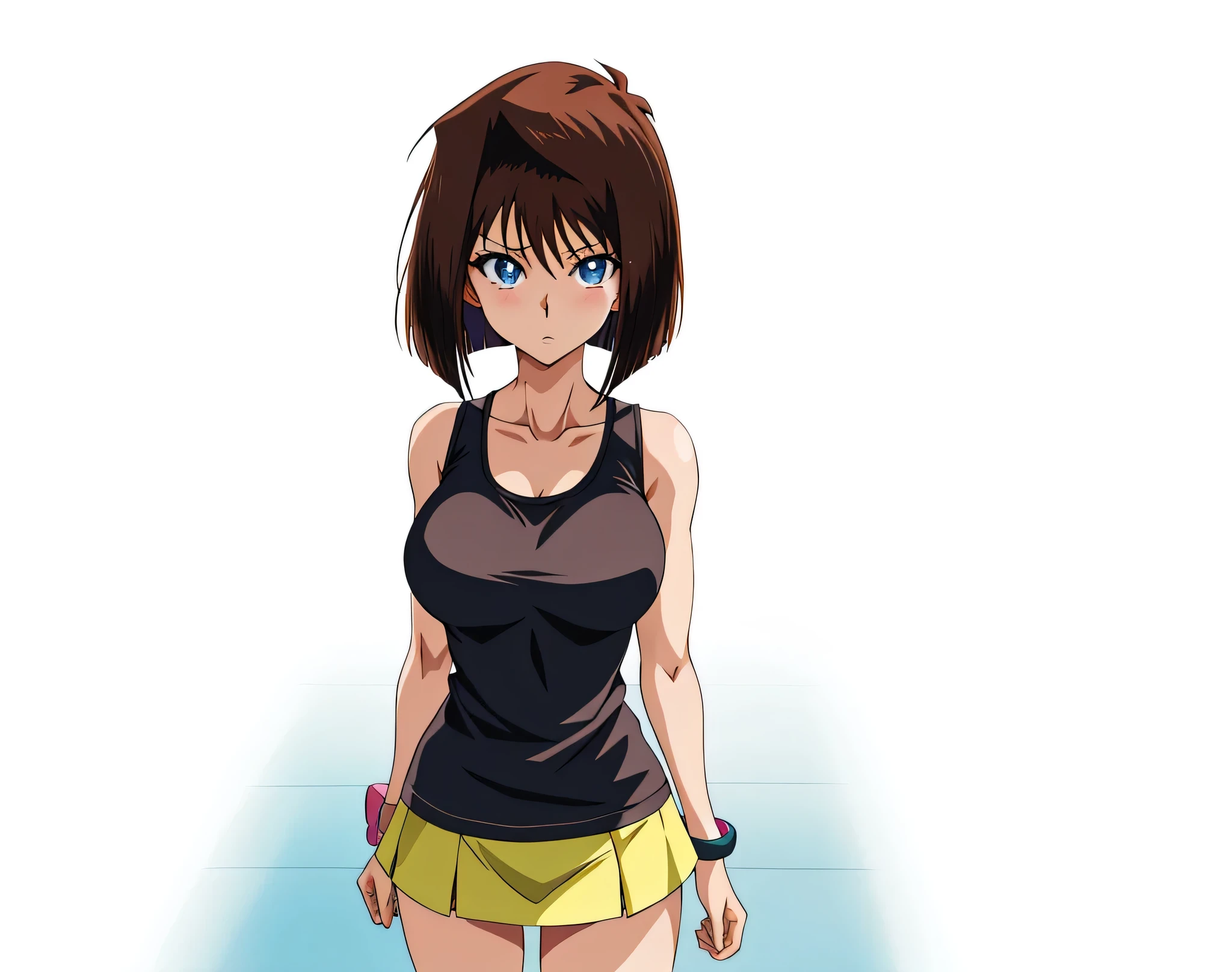 Brown haired anime woman standing on the floor, Blue Eyed Woman,  bob cut ,  anime styleキャラクター, clothing: black tank top, Woman in a tight skirt ,  anime styleで, Big Breasts, collarbone,  Anime Moe Art Style ,  anime style,  female high school students,  adult sex appeal,  anime style, Muscular Woman, In anime style, Feminine and muscular,  Skin Tight Tank Top , Bare Arms, Bare shoulders, Alone, looking at viewer, Female focus,  cowboy shot,