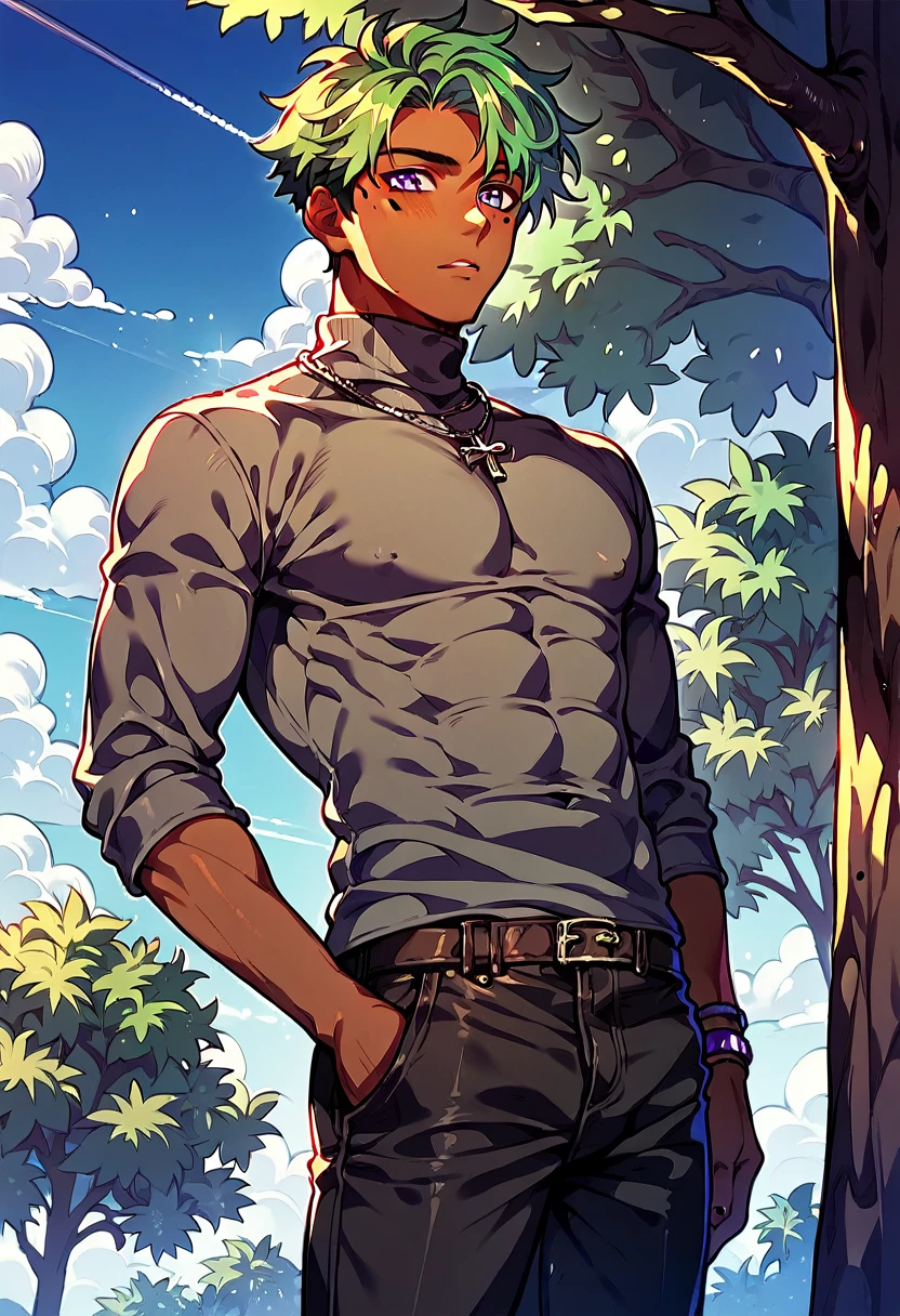 score_9, score_8_up, score_7_up, source_anime, 
Kikyo, 1boy, male focus, solo, dark skin, dark-skinned male, green hair, purple eyes, mole under eye, shirt, grey shirt, turtleneck, pants, black pants,
outdoor, sky, tree,