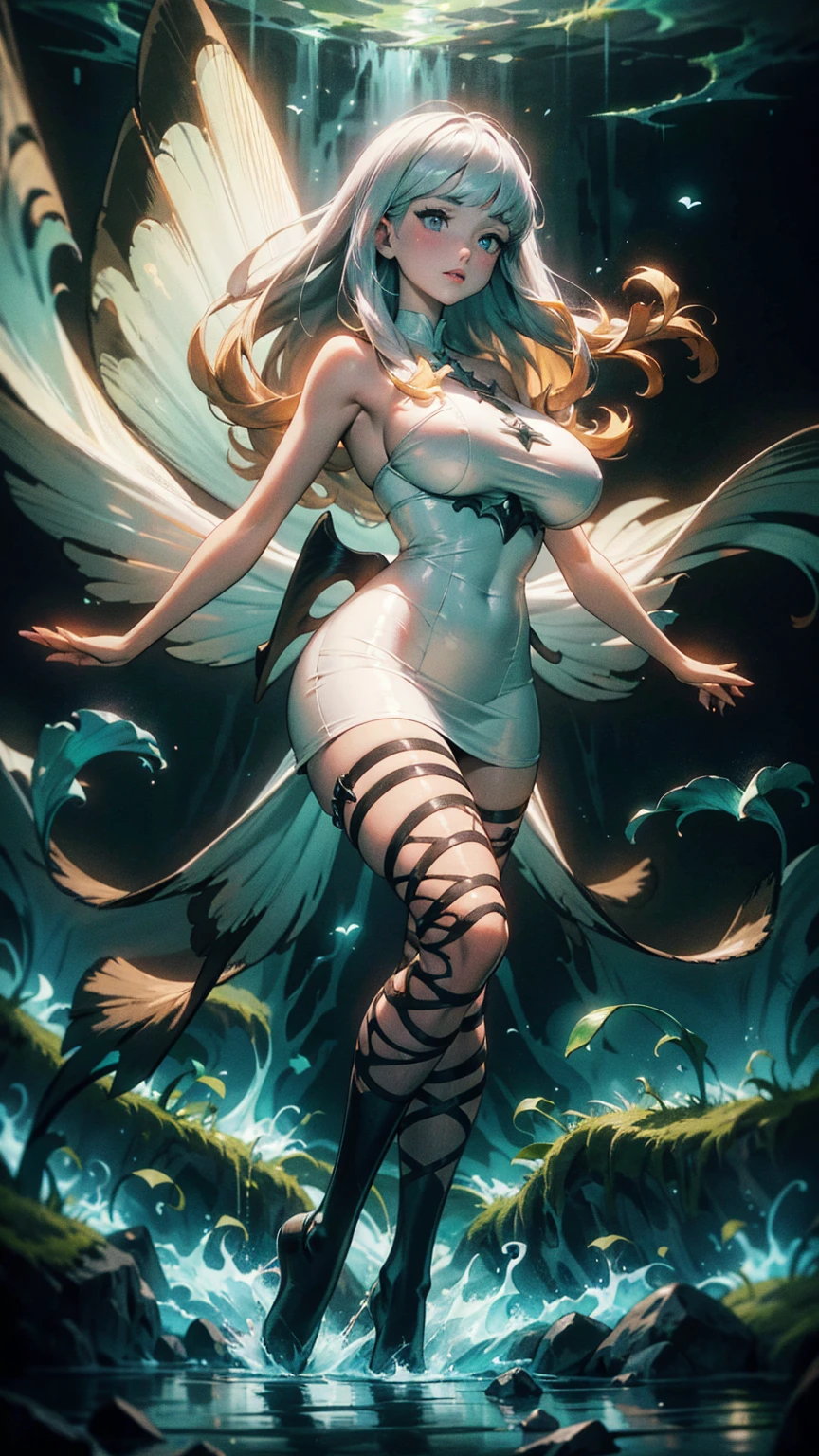 Generate an illustration of a mature Airy, Bravely Default,  de terno preto, long hair, hair bangs, hair flows straight down, gray hair, (gigantic breasts:1.4), see through white dress, outfit in anime format with a serious style,  masterpiece, ((dark lighting)), black background, puffy lips, slendered abs, beautiful face, fairy wings,  legs spread wide open, iridescent, bioluminescence 