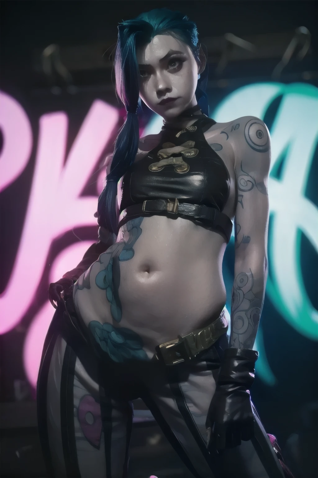 jinx, sexy, dynamic pose, dslr, 4k, 8k, textured skin, jinx costume, tattoo, belly tattoo. Neon graffiti Background.