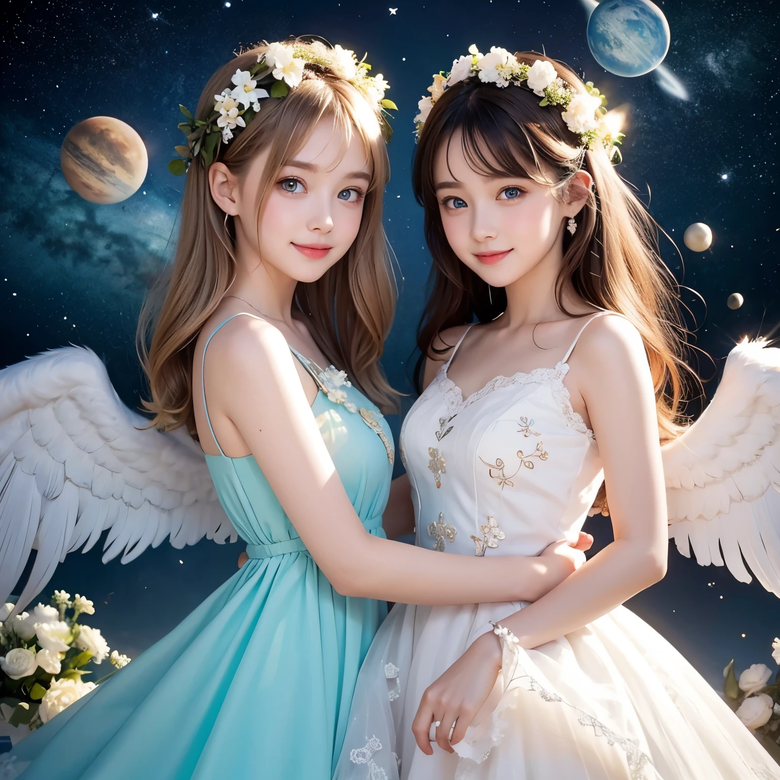 high quality, Pastel Painting, Soft atmosphere, Twin girls angels,  cute,  White Wings , Smile happily,  Short brown hair in different colors, One with blue eyes, A person with green eyes, Dresses of different colors,   flower hair accessories ,   upper body ,  look at the audience , space, meteor, Light,