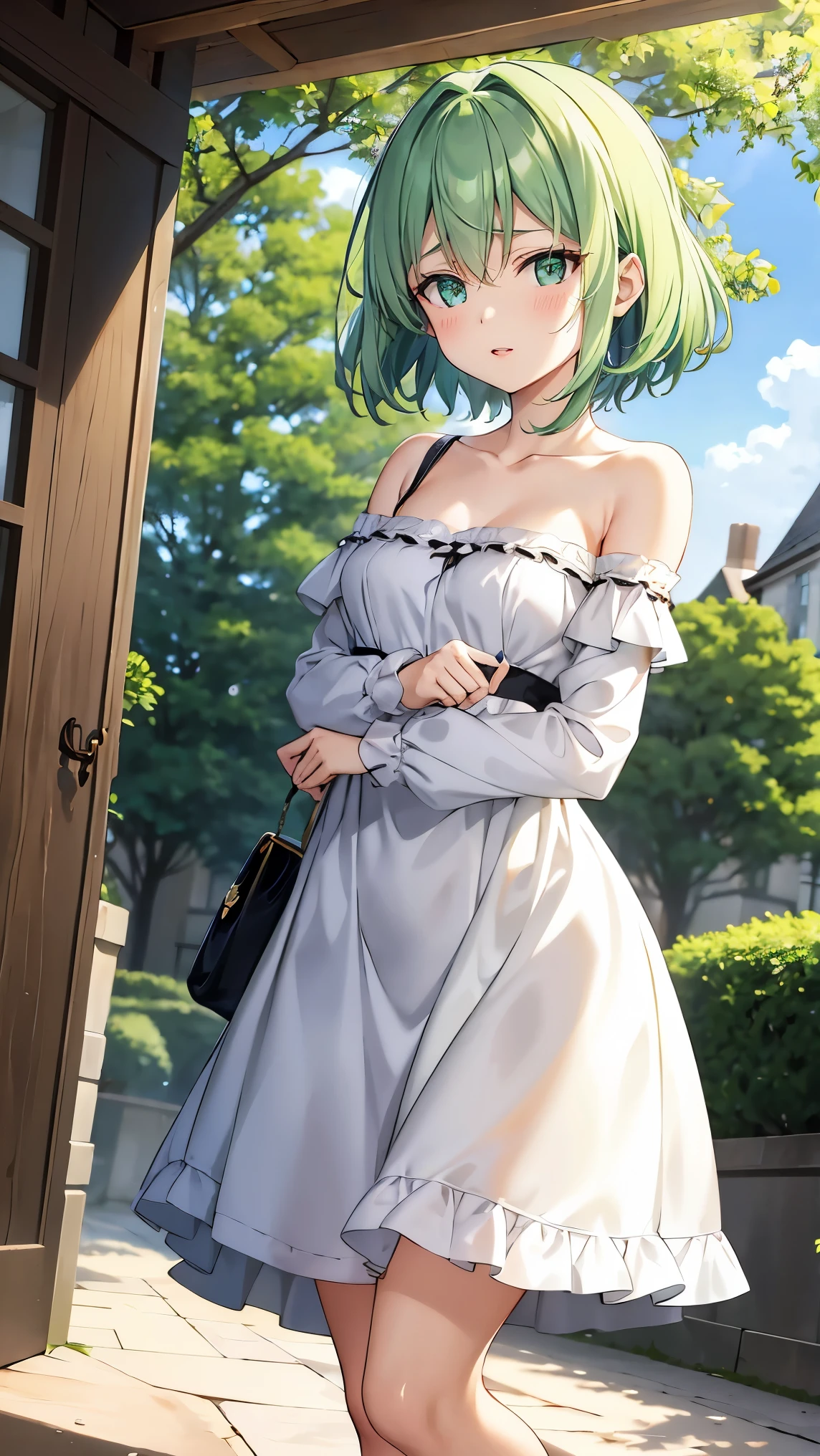 shoulder-length green hair, small size breasts, Small breasts、Green Eyes, 、(((Ladylike))), full body from head to toe 、 Randomly create clothes, hairstyle, facial expressions, poses, locations, and backgrounds、 imaginary、Draw from a random angle