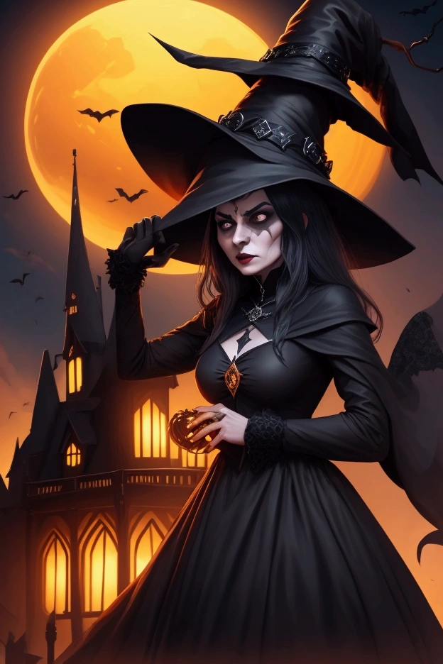 A woman in a black witch costume, wearing a witch's hat, is trying to pull her own head off, looking disgusted with her own head.