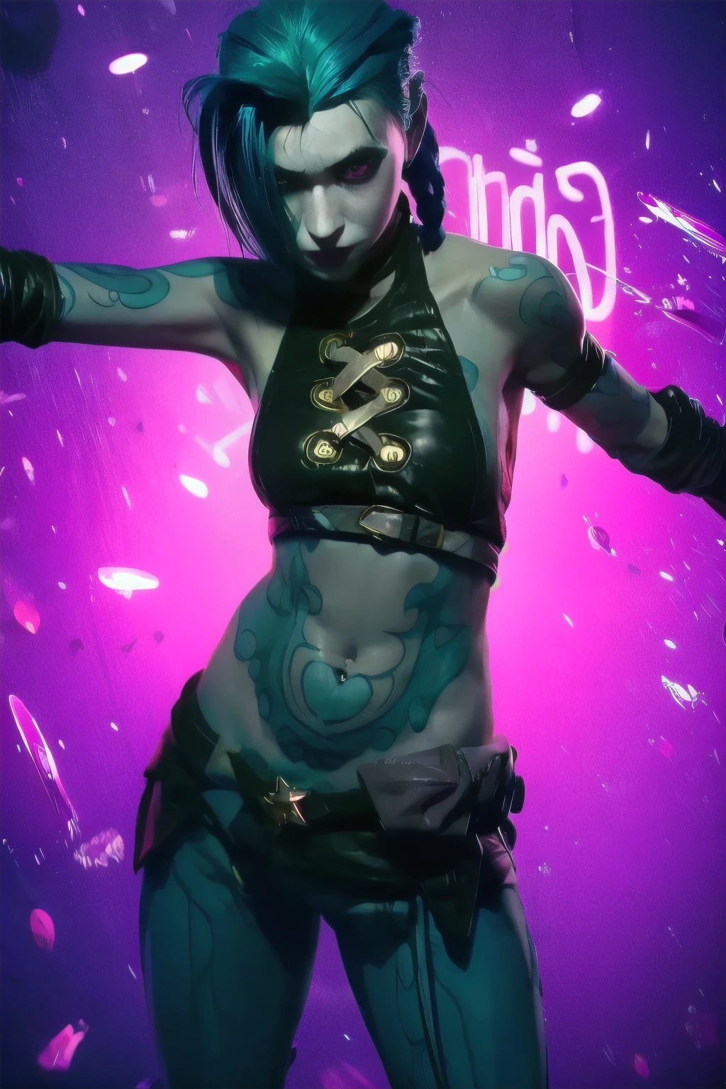 jinx, sexy, dynamic pose, dslr, 4k, 8k, textured skin, jinx costume, tattoo, belly tattoo. Neon graffiti Background.