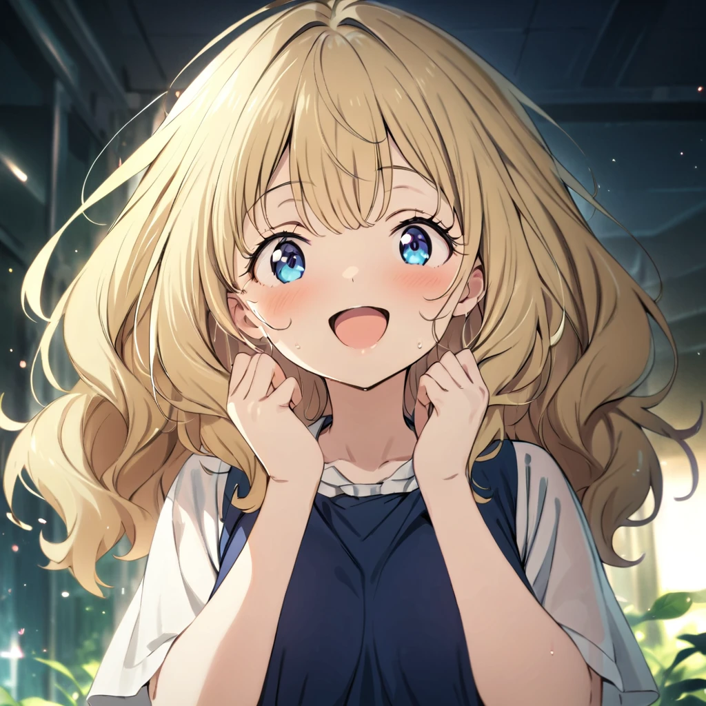 (((masterpiece))),(((Best Quality))),((( extremely detailed))),  1 girl, Alone, Yanami_Anna (Make-in),  Dark blue eyes, Blonde, Thick Hair, curly hair, Double Exposure, smile,  excited ,