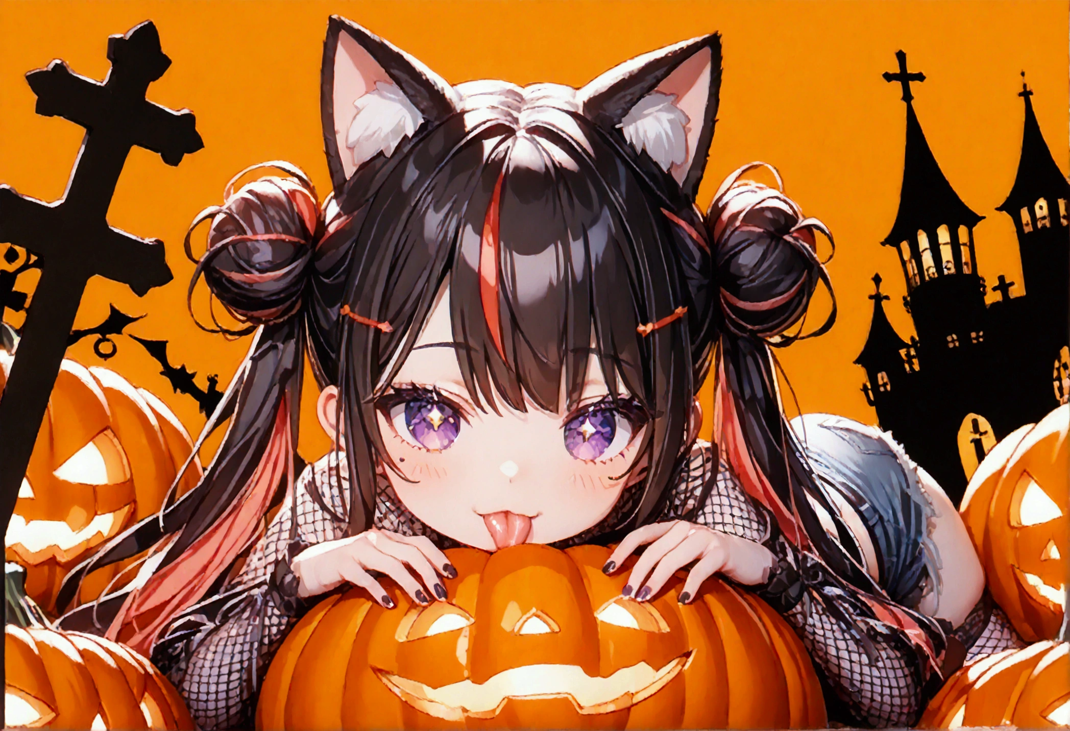 1girl, black hair, streaked hair, colored inner hair, twin tails, very long hair, heart hair bun, mole under eye, pupils sparkling, cat ears, grin, big breast, big ass, UHD, masterpiece, textured skin, best quality, (high res),  I'm wearing a long-sleeved oversized see-through Halloween costume and denim-shorts with fur, sexy fishnet tights , Halloween Hats,  Halloween props ,  sitting in a large pumpkin bowl , sitting on big-jack o lantern, head hollowed out, Butt stuck , (cross-legged:1.5, lick loli-pop :1.4), whole body, Shadow of light ,  expressive eyes,  grave and a jack-o-lantern on the left and right , black castle silhouette, Orange Background, Illustrated, looking straight into the camera:1.2