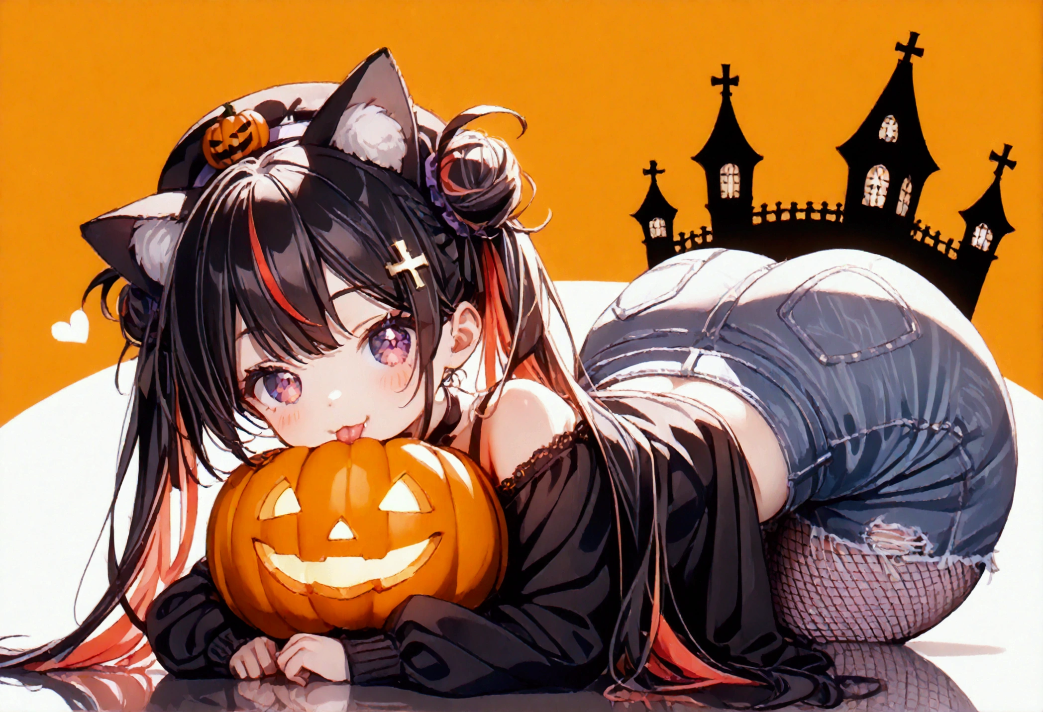 1girl, black hair, streaked hair, colored inner hair, twin tails, very long hair, heart hair bun, mole under eye, pupils sparkling, cat ears, grin, big breast, big ass, UHD, masterpiece, textured skin, best quality, (high res),  I'm wearing a long-sleeved oversized see-through Halloween costume and denim-shorts with fur, sexy fishnet tights , Halloween Hats,  Halloween props ,  sitting in a large pumpkin bowl , sitting on big-jack o lantern, head hollowed out, Butt stuck , (cross-legged:1.5, lick loli-pop :1.4), whole body, Shadow of light ,  expressive eyes,  grave and a jack-o-lantern on the left and right , black castle silhouette, Orange Background, Illustrated, looking straight into the camera:1.2