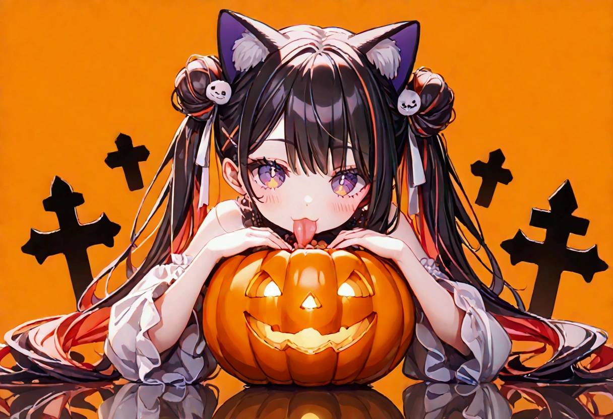 1girl, black hair, streaked hair, colored inner hair, twin tails, very long hair, heart hair bun, mole under eye, pupils sparkling, cat ears, grin, big breast, big ass, UHD, masterpiece, textured skin, best quality, (high res),  I'm wearing a long-sleeved oversized see-through Halloween costume and denim-shorts with fur, sexy fishnet tights , Halloween Hats,  Halloween props ,  sitting in a large pumpkin bowl , sitting on big-jack o lantern, head hollowed out, Butt stuck , (cross-legged:1.5, lick loli-pop :1.4), whole body, Shadow of light ,  expressive eyes,  grave and a jack-o-lantern on the left and right , black castle silhouette, Orange Background, Illustrated, looking straight into the camera:1.2