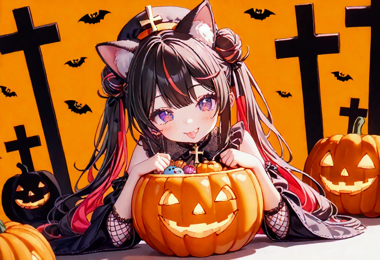 1girl, black hair, streaked hair, colored inner hair, twin tails, very long hair, heart hair bun, mole under eye, pupils sparkling, cat ears, grin, big breast, big ass, UHD, masterpiece, textured skin, best quality, (high res),  I'm wearing a long-sleeved oversized see-through Halloween costume and denim-shorts with fur, sexy fishnet tights , Halloween Hats,  Halloween props ,  sitting in a large pumpkin bowl , sitting on big-jack o lantern, head hollowed out, Butt stuck , (cross-legged:1.5, lick loli-pop :1.4), whole body, Shadow of light ,  expressive eyes,  grave and a jack-o-lantern on the left and right , black castle silhouette, Orange Background, Illustrated, looking straight into the camera:1.2