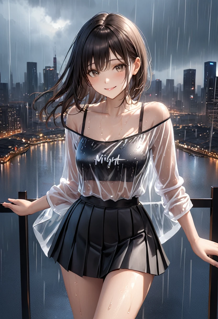 ((Biologically correct limb count))、(( Full-body photo including face))、4K、((Standing position))、masterpiece、((Focus on the face))、((Symmetrical facial features))、Eye for detailed depiction、Beautiful blue-haired woman、Excellent style、Beautiful clavicle、Beautiful feet、Beautiful Hands、Slender body、(blazer、skirt、Black Stockings、garter belt、High heels）、Facial detailing、Small earrings、necklace、tie、((Wet in the city with heavy rain))、Looking at the night view、(Low - Angle、下からskirtの中を撮影するカメラアングル)、(((Black Hair、Silver Hair)))、((A big smile)))、((Face forward and stick your chin out))、Close-up photo of the upper body、