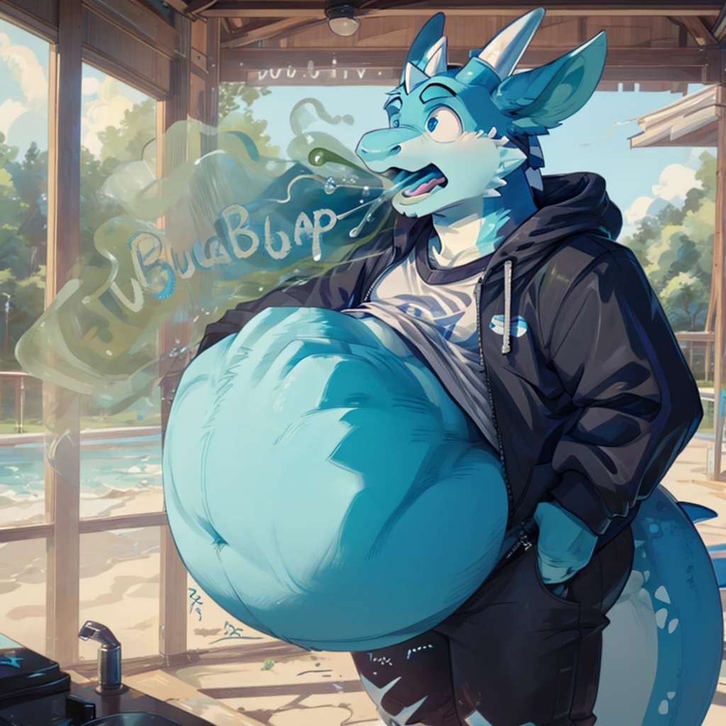 Furry, dragon, big belly, obese, cyan belly, blue skin, cyan horn, vore, squirmy belly, adult, Light blue hoodie, detailed eye, burping, bashful face, stomach gurgles, small face, overhanging belly, cyan fur, young face, sweaty,