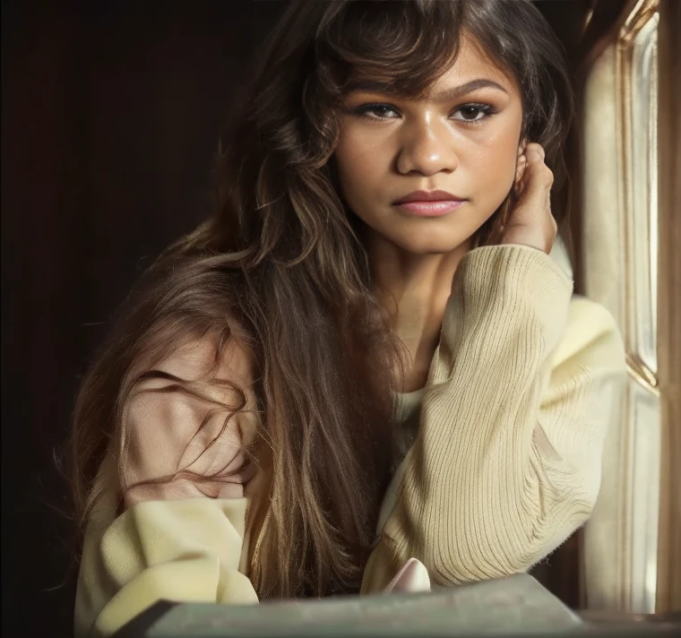 (zendaya:.4), (32k:1.5, Highest quality, masterpiece, Ultra-high resolution), Professional camera work:1.6, Highly detailed skin and face textures:1.3, Captivating portrait:1.2, Very accurate, 1 adult female,  Incredibly slim body, sense of loss, Sadness, Expressions of sadness,  Small face, (medium shot),