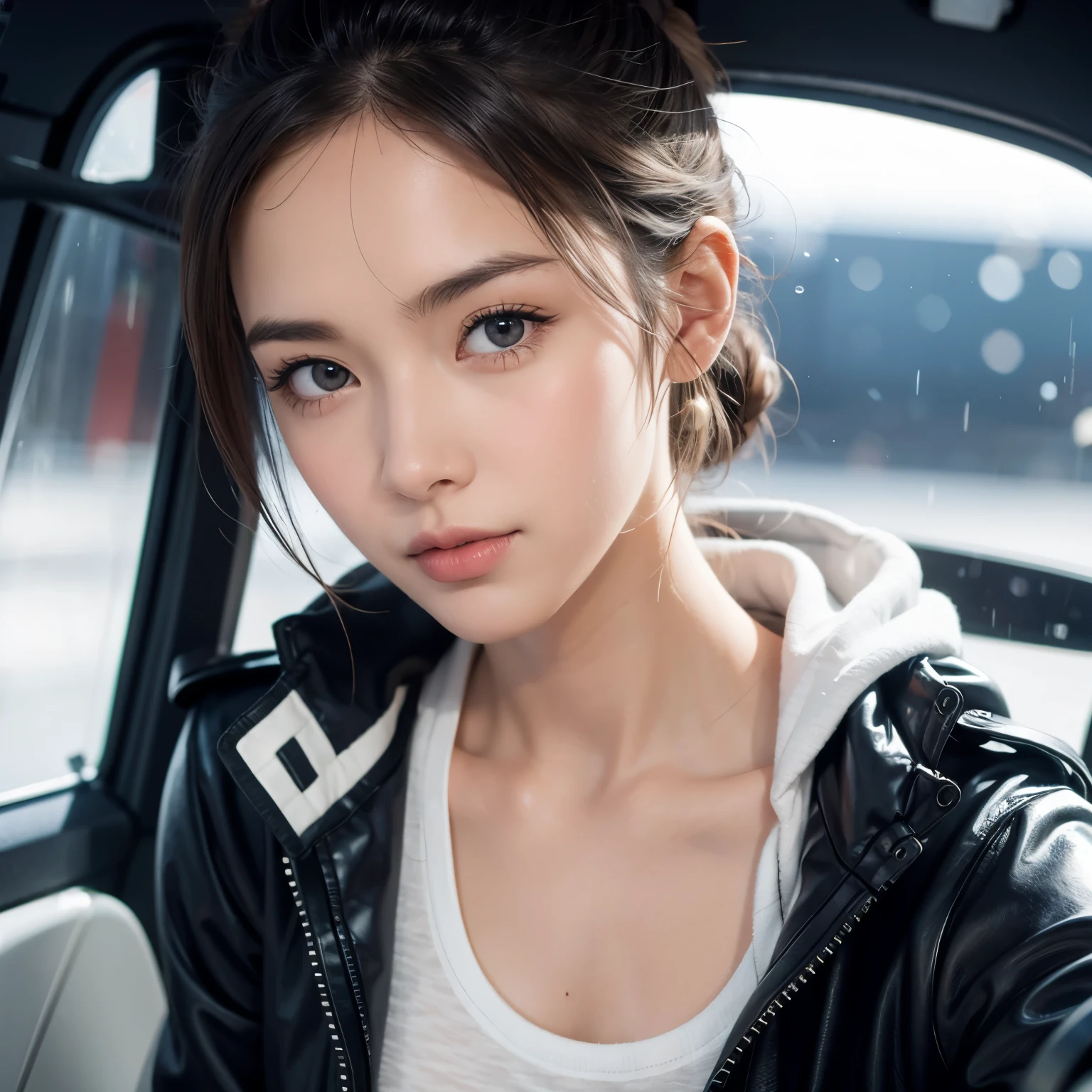 ((HD)), ((whole body)) News Photography, ((pilot))(( wears an open raincoat and underwear)), (( Lockheed Vega 5B at the North Pole )), ((Charm)), ((Hair tied in a bun)), ((Look at the lens)), detailed, detailed pretty face, clearly focused , ( detailed and intricate), 4K, Leica 35mm F2.8, Fuji Superia Real 100