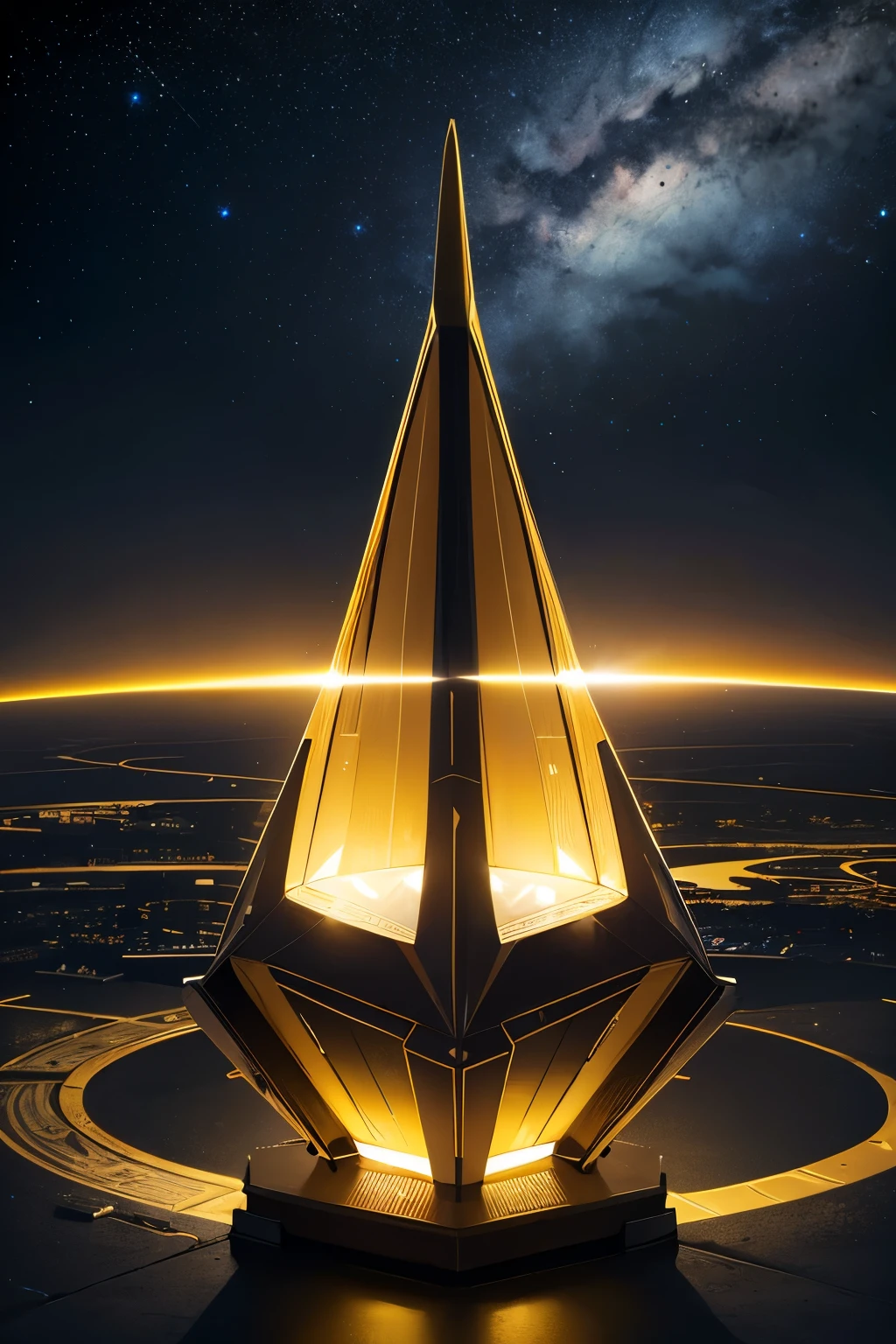 spaceship, Pyramid Shape ,  Color Gold and Black , giant,  traveling through space (metal) (bright) ( high quality) ( masterpiece )