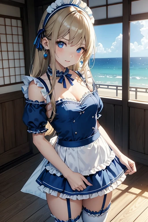 ( super flat ,  Flat Shading,  flat color :1.1)、blue sky, coastal sandy beach illustration 、(Boyish Asian Woman )、( cute little body :1.2)、 very beautiful girl、 amazing smile 、Red face、(  detailed skin in front of a Japanese-style room : 1.2)、 photorealistic anime girl rendering showing off detailed open female genitals、 realistic anime 3D style , to the left shoulder above the body、Beautiful blonde、Intense blue eyes、 strong eye highlights 、(Detailed chest)、Perfect figure、()、((High angle、 cowboy shot))、 Arms back、(())、正面からの照明 、Soft light、bright、 bright color,Thighs、 flat chest、 Headdress、Skirt hem garter belt、( Blue Maid Outfit:1.4)、Earrings