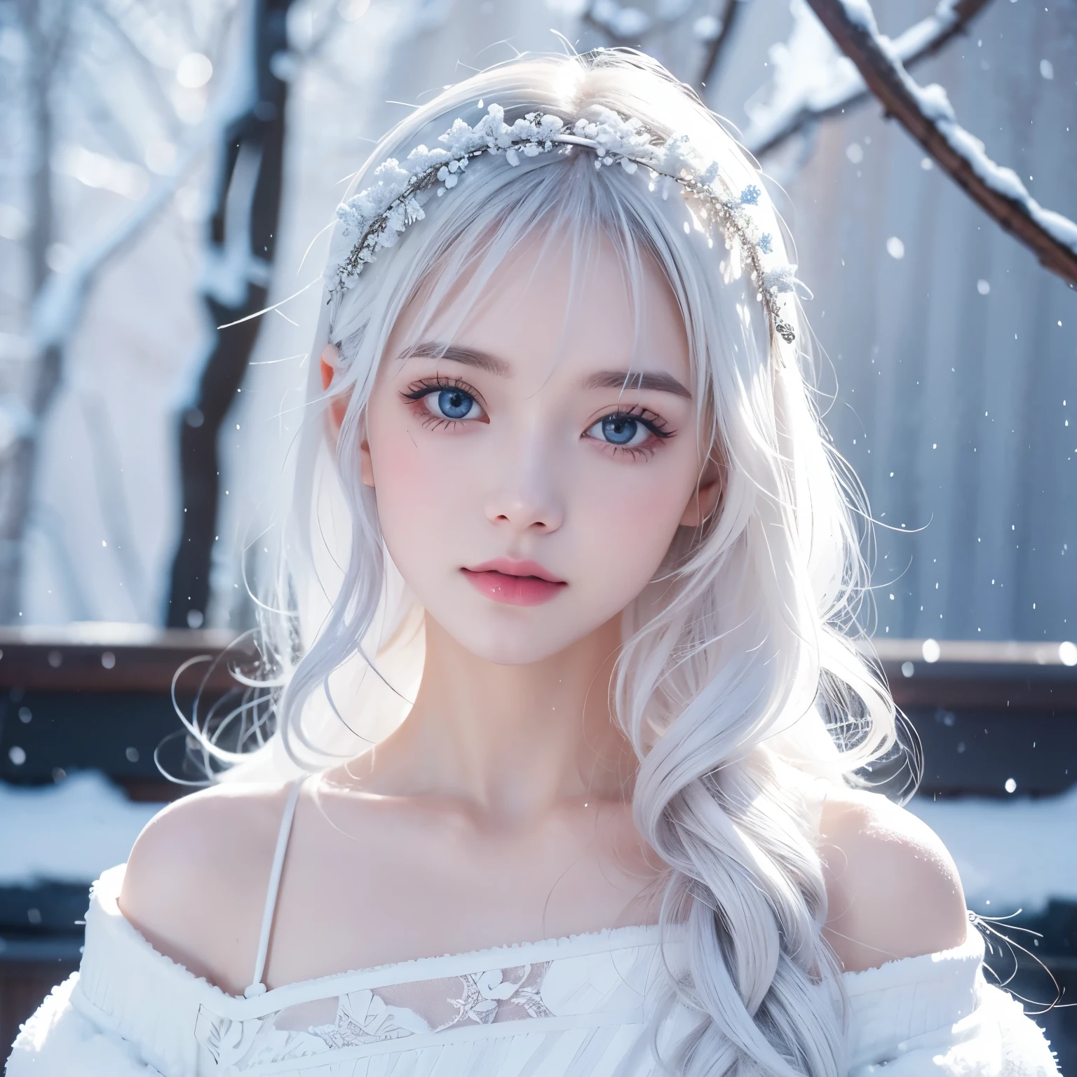 1 Girl,(snow,ice), snow花,  in winter, White hair,  Shiny Hair , curls,  transparent clothes, 【frilld, Lace, Wet clothes, leave_Shoulder, Hair band, masterpiece , Telephoto lens, ,  exquisite facial features 