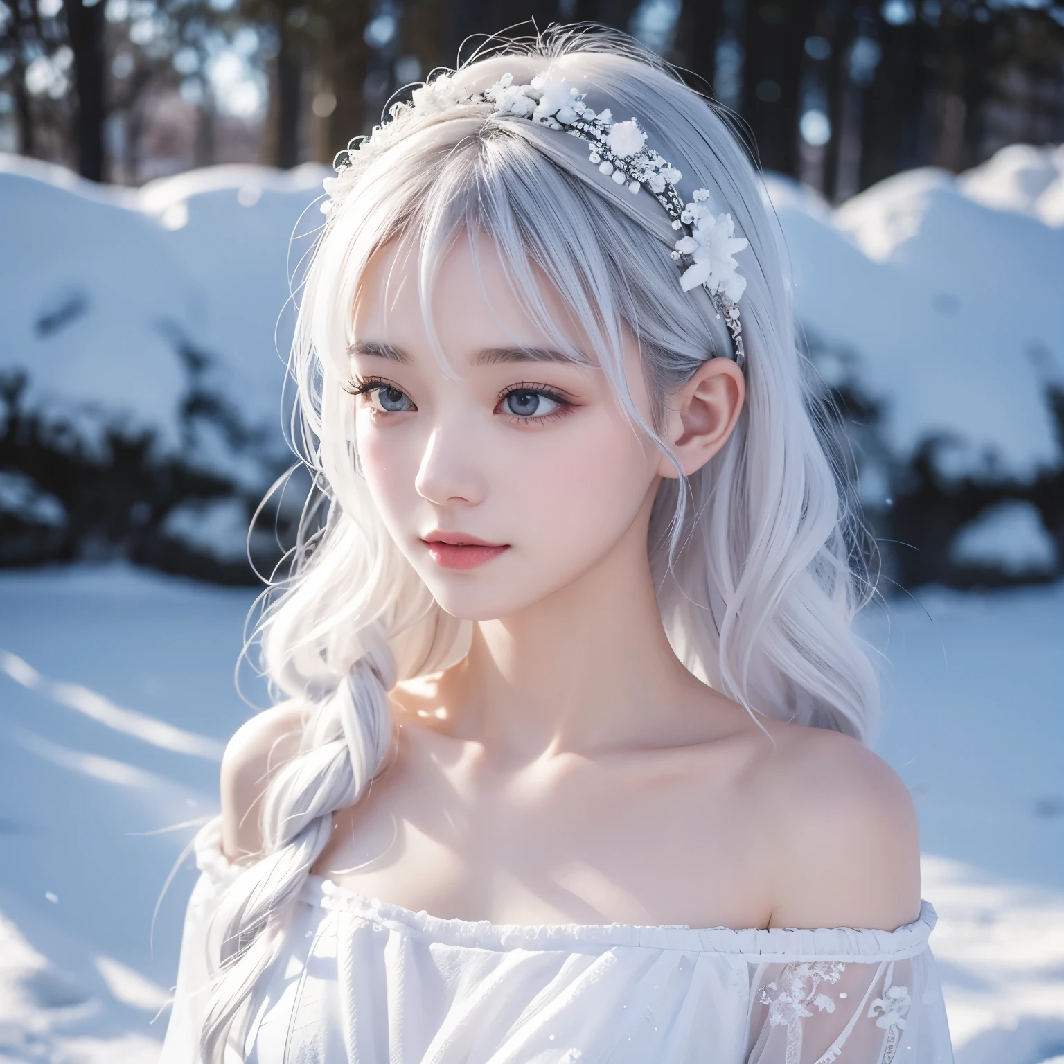 1 Girl,(snow,ice), snow花,  in winter, White hair,  Shiny Hair , curls,  transparent clothes, 【frilld, Lace, Wet clothes, leave_Shoulder, Hair band, masterpiece , Telephoto lens, ,  exquisite facial features 