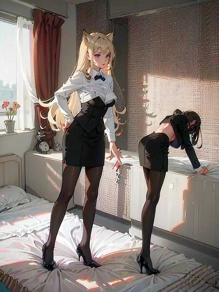 sexy secretary, (cat ear), (((heels on bed))), (((girl wear high heels and standing on bed))), (((big boobs))), (10cm pointy heels, pointy head heels), (best quality:1.4), (ultra highres:1.2), (photorealistic:1.4), (8k, RAW photo:1.2), (((stepping on magazines))),  a pair of ggx heels, (looking at viewer:1), (full body),  solo, long hair, blonde hair, (((half of heels sink into bed))), in hotal room, photoshooting, pantyhose, dancing on bed,  