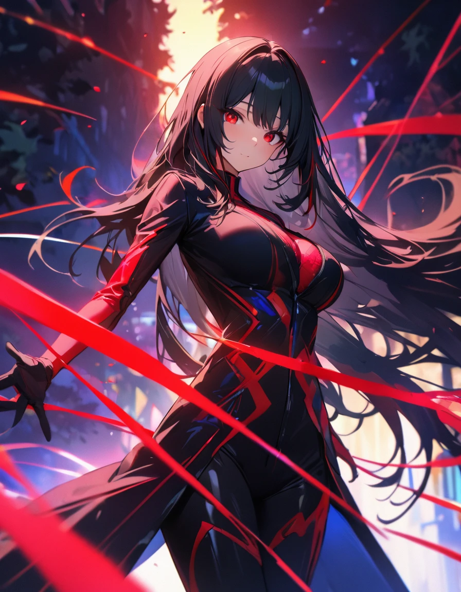 (a 23 year old woman) (cuerpo robotico de color negro y morado)(con ojos morados)(con cables alrededor) (cabello negro con mechas moradas)(una pantalla en su pecho)(estilo anime) (robotic pose)(ojos de color morado)