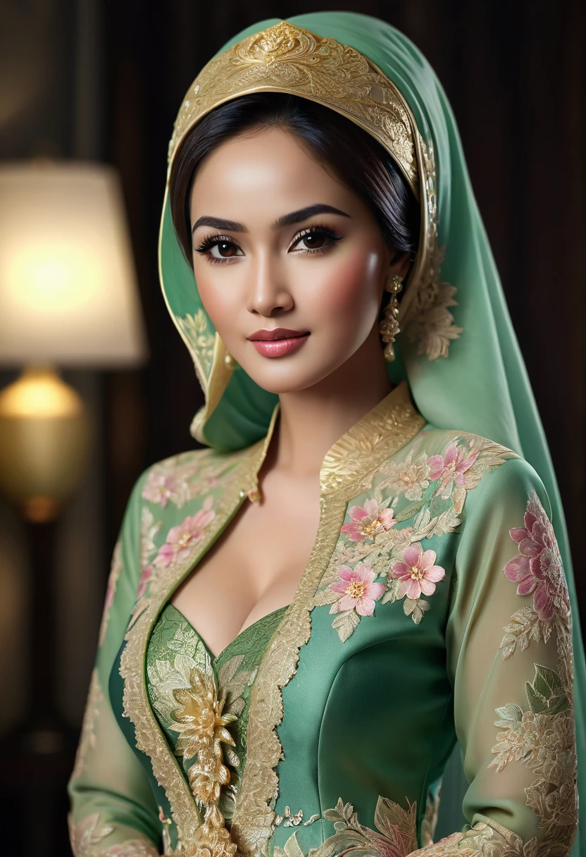 amazing quality, elegant, perfect, hyper realistic, masterpiece ,Create a photorealistic masterpiece of a beautiful woman with hijab wearing traditional Indonesian kebaya attire, solo, firm medium breast, cleavage cutout, Set her against a dark, bedroom backdrop with a captivating glow in the background and bokeh effect. Ensure the image quality is 8K with ultra-realistic details.,kebaya,kebaya indonesia