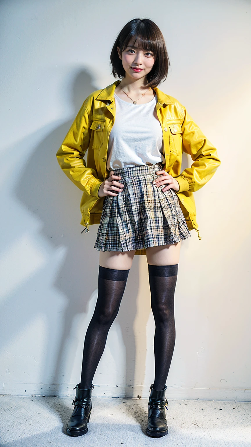 (8k、RAW photo、Best Quality、masterpiece:1.2)、(Realistic、Realistic)、 1 girl、(( medium hair、、Yellow Jacket、tights、  plaid mini skirt 、boots、Big Breasts、whole body、White background、smile、   stand with your hands on your lower back))、