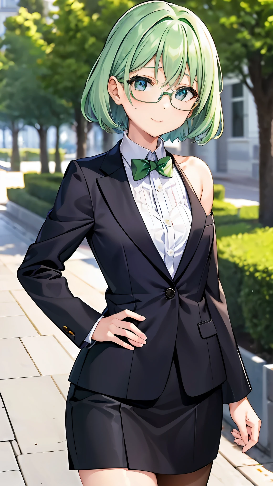 shoulder-length green hair, small size breasts, Small breasts、Green Eyes, 、(((Ladylike))), composition showing the whole body from head to toe、 formal attire 、suit、teacher、(( look at me and your face))、Date、walk、Greetings 、Stylish、Glasses、