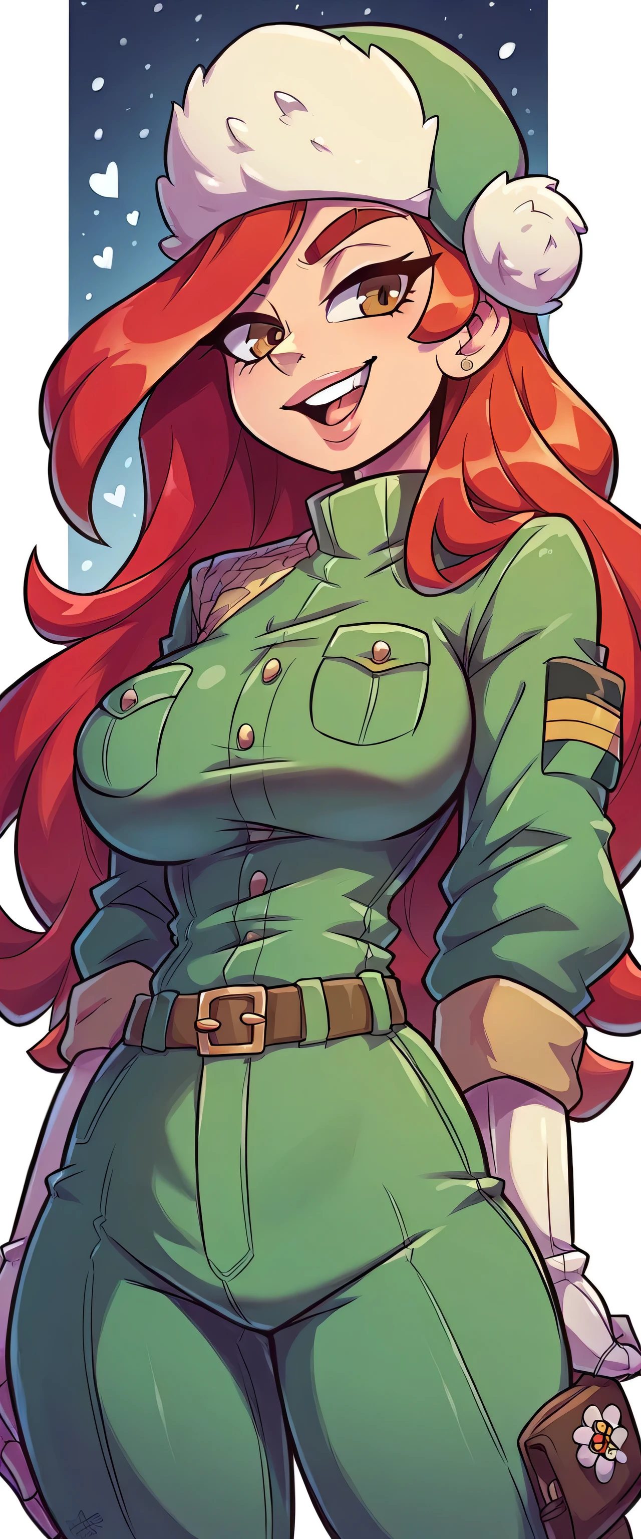 A Soviet military girl, tall, sexy, good, big breast, friendly, happy, long red hair, smooth, her gray eye, pink lip, she dresses in a green metallic top, a black patch, her chest, her waist, a yellow ribbon, and her pants, metallic green, big thigh, sensual big yellow boot, wearing a black Soviet winter cap, she is happy. hug his twins bad sister dark dictatorship villainous murderer