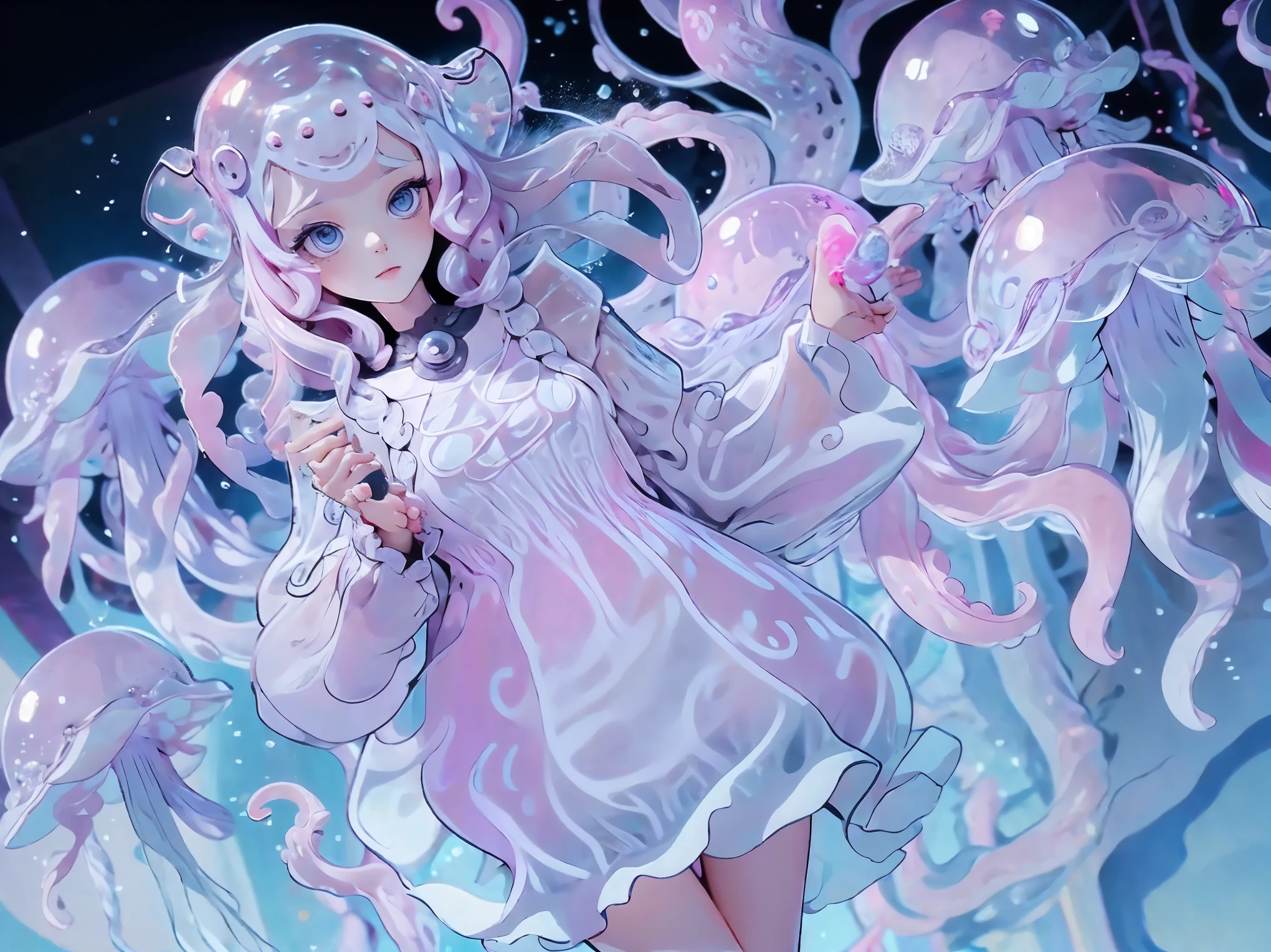 Jellyfish Girl. Pink jellyfish. Dress style. Tentacle. Hood-like. Multiple jellyfish around.